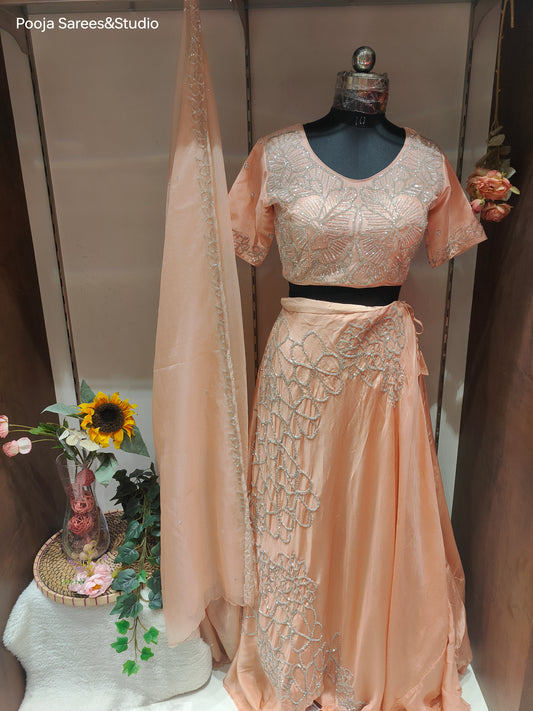 AARSAA Crepe Peach floral themed Katdana Sequence work crop top lehenga with Dupatta