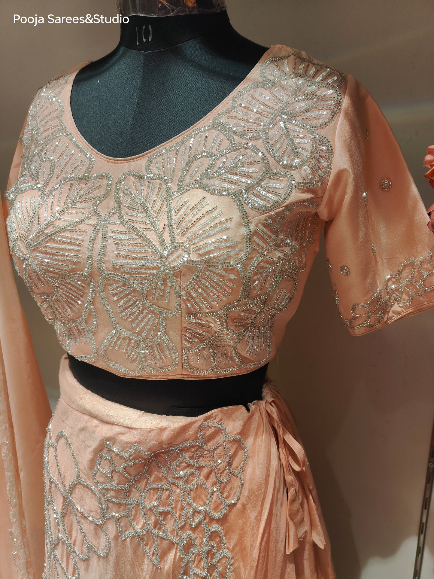 AARSAA Crepe Peach floral themed Katdana Sequence work crop top lehenga with Dupatta