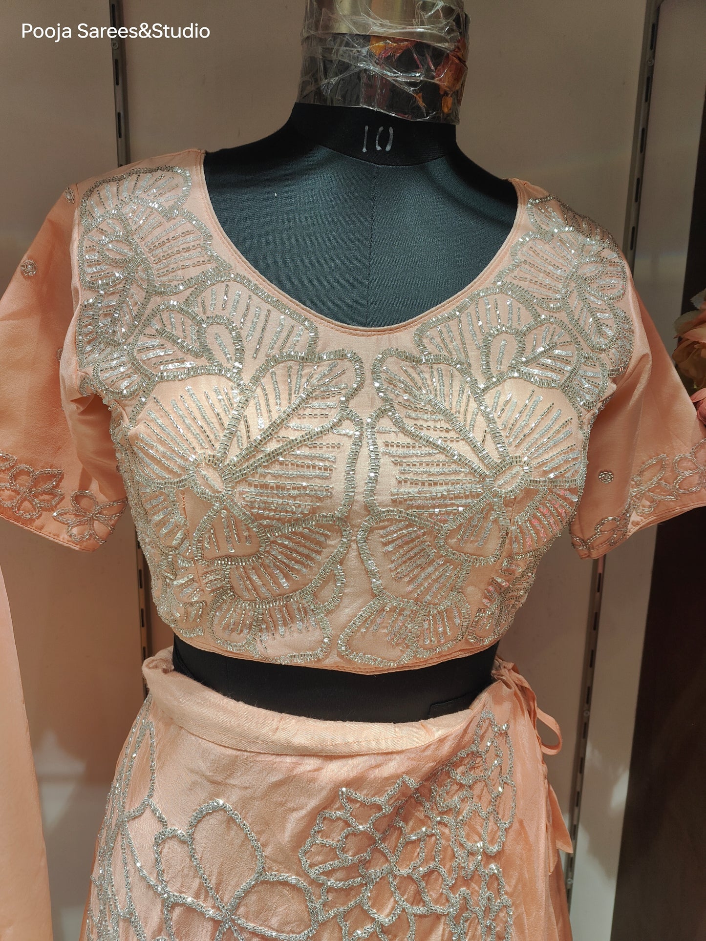 AARSAA Crepe Peach floral themed Katdana Sequence work crop top lehenga with Dupatta