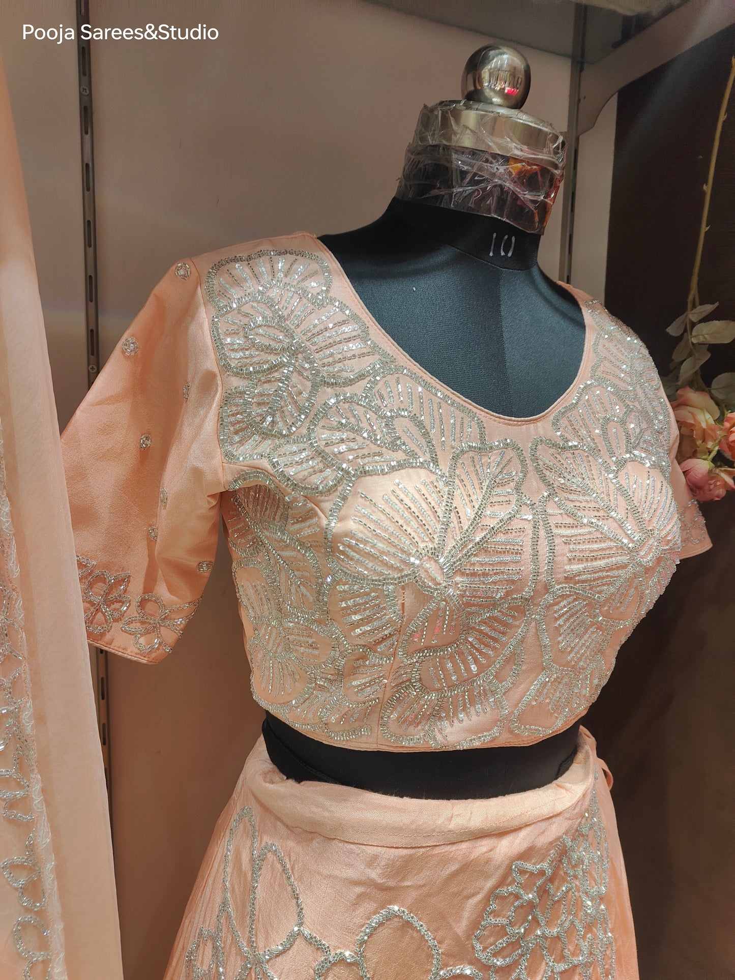 AARSAA Crepe Peach floral themed Katdana Sequence work crop top lehenga with Dupatta