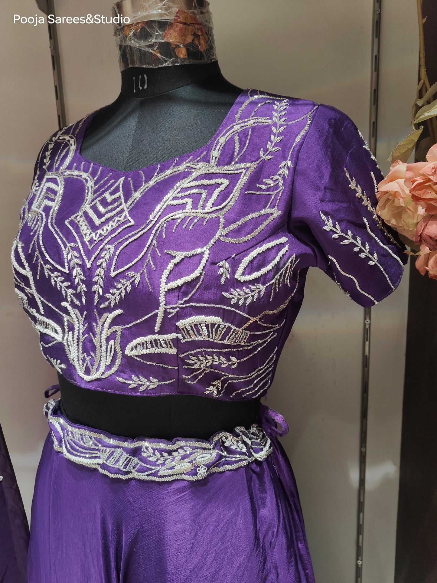 AARSAA Purple Katdana & Moti Work Crop Top Lehenga with dupatta