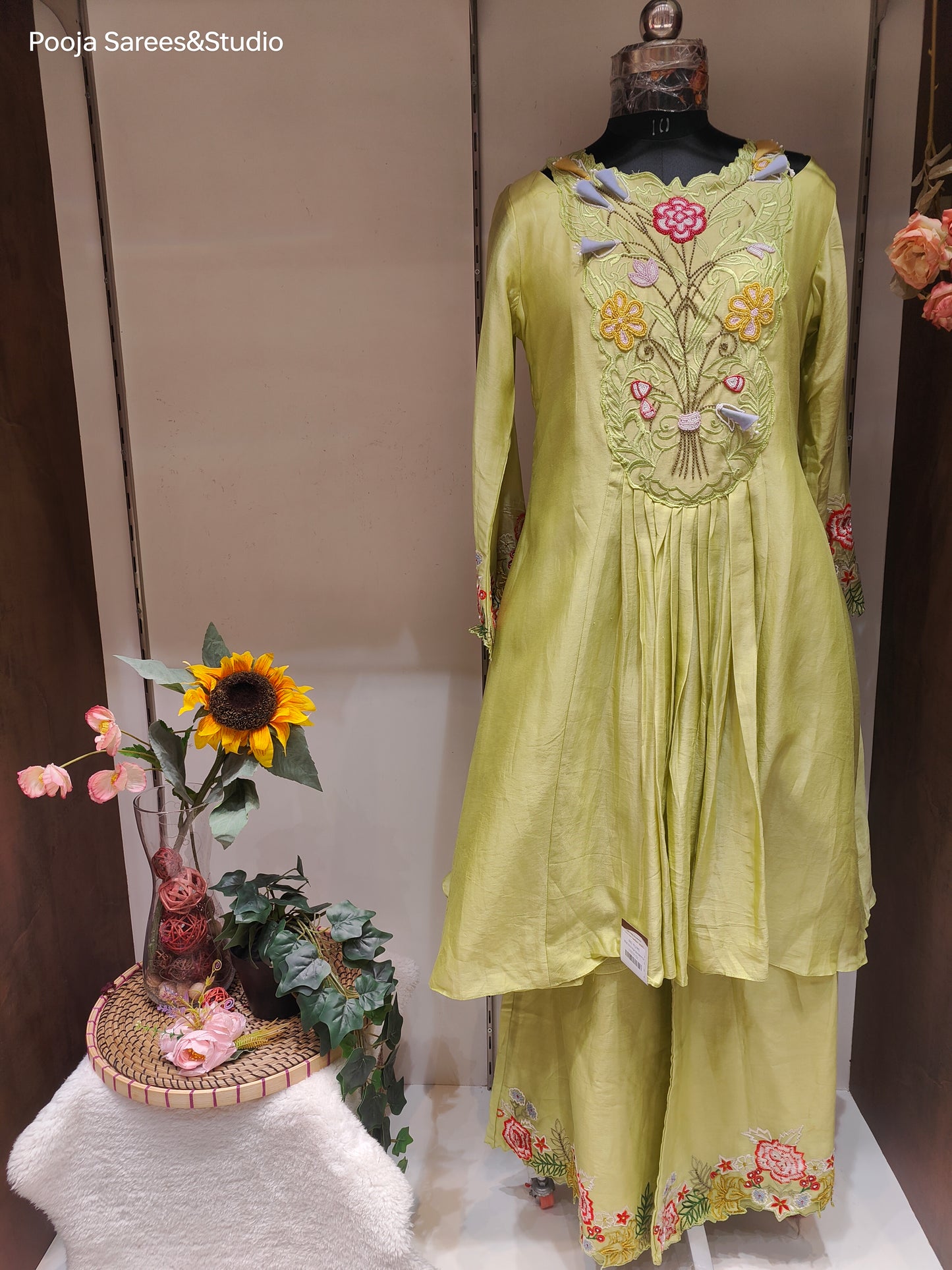 AARSAA Pista Green Raw Silk Beads , Applique Work and threadwork floral themed cordset with stylish Neck Pattern, Sleeve Pattern with Work on pants