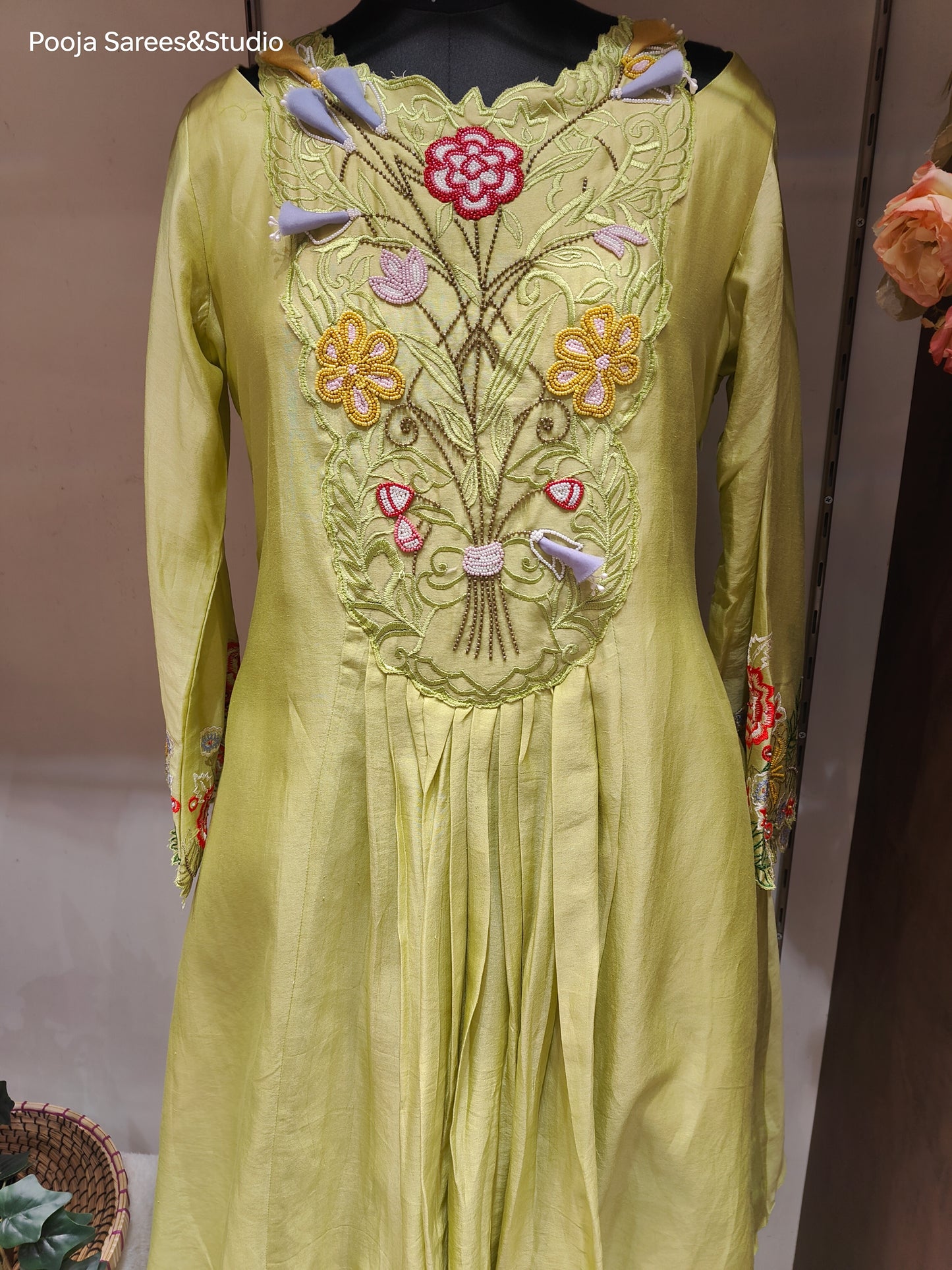 AARSAA Pista Green Raw Silk Beads , Applique Work and threadwork floral themed cordset with stylish Neck Pattern, Sleeve Pattern with Work on pants