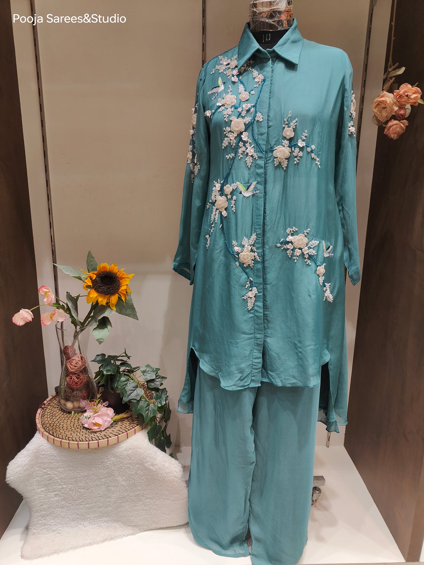 AARSAA Organza Teal Katdana , Moti, Sequence Work Cordset with Stylish work on sleeves