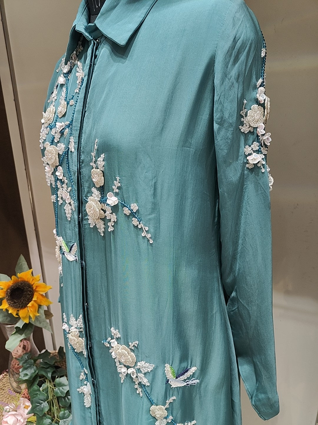 AARSAA Organza Teal Katdana , Moti, Sequence Work Cordset with Stylish work on sleeves