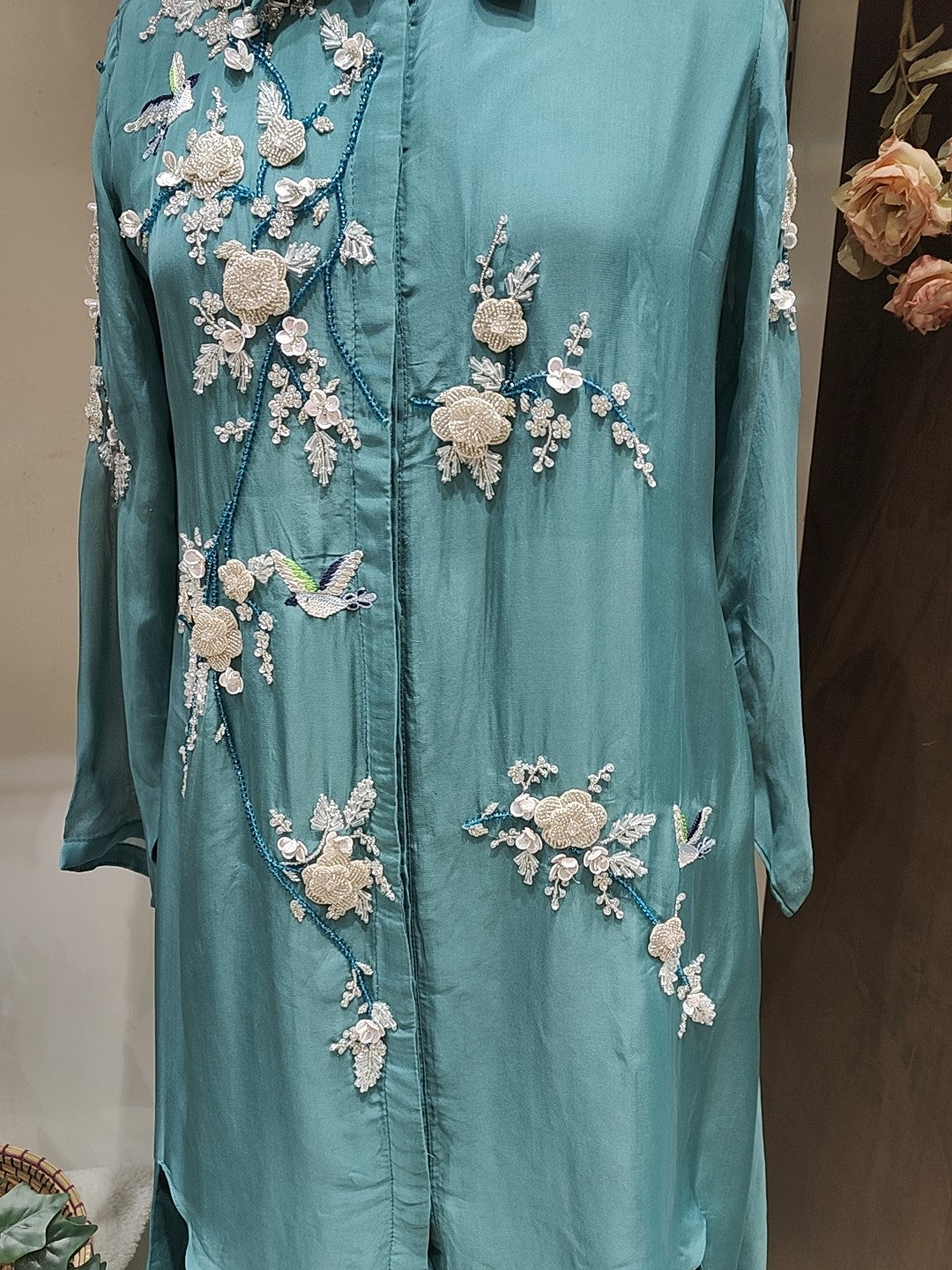 AARSAA Organza Teal Katdana , Moti, Sequence Work Cordset with Stylish work on sleeves