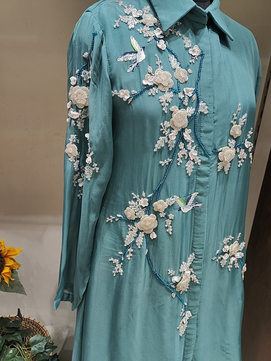 AARSAA Organza Teal Katdana , Moti, Sequence Work Cordset with Stylish work on sleeves