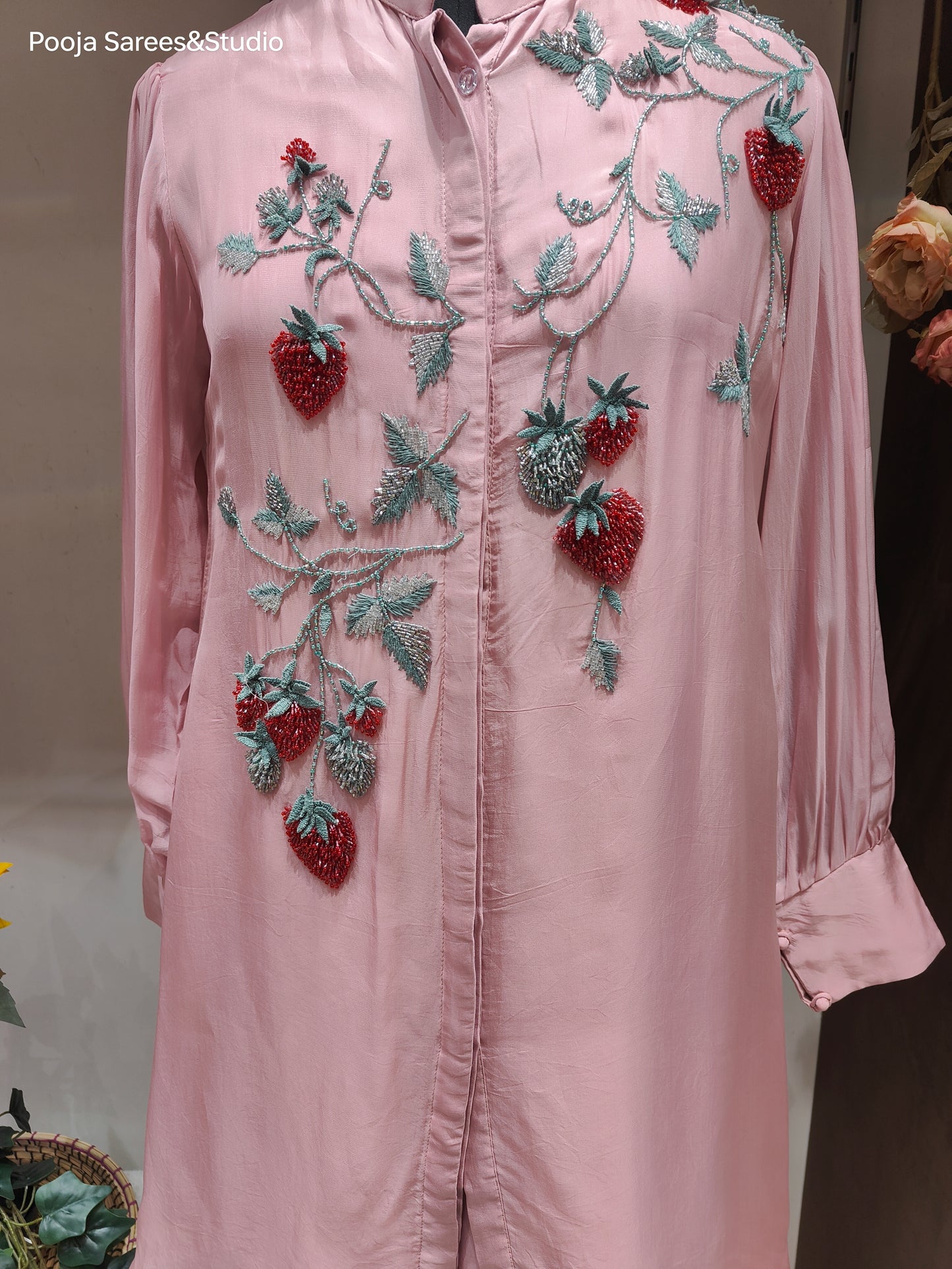 AARSAA Organza Onion Pink Rich Katdana Strawberry Themed Work, With Stylish Sleeves