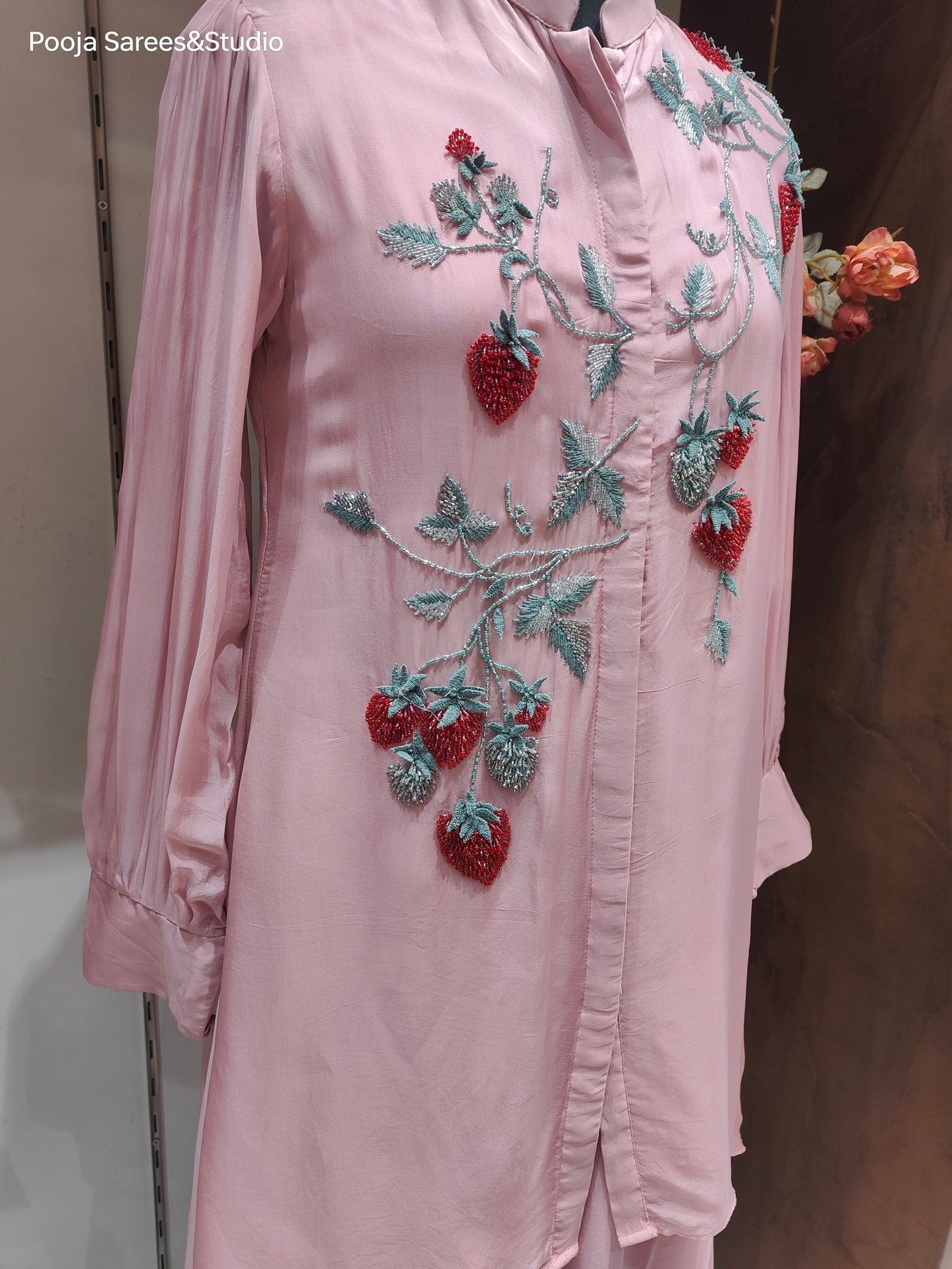 AARSAA Organza Onion Pink Rich Katdana Strawberry Themed Work, With Stylish Sleeves