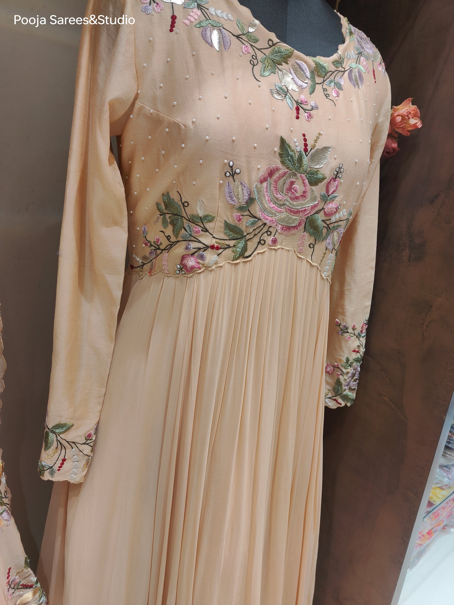 AARSAA Beige Crepe Floral Theme Leather Work Gown With Leather Work Scalloped Dupatta