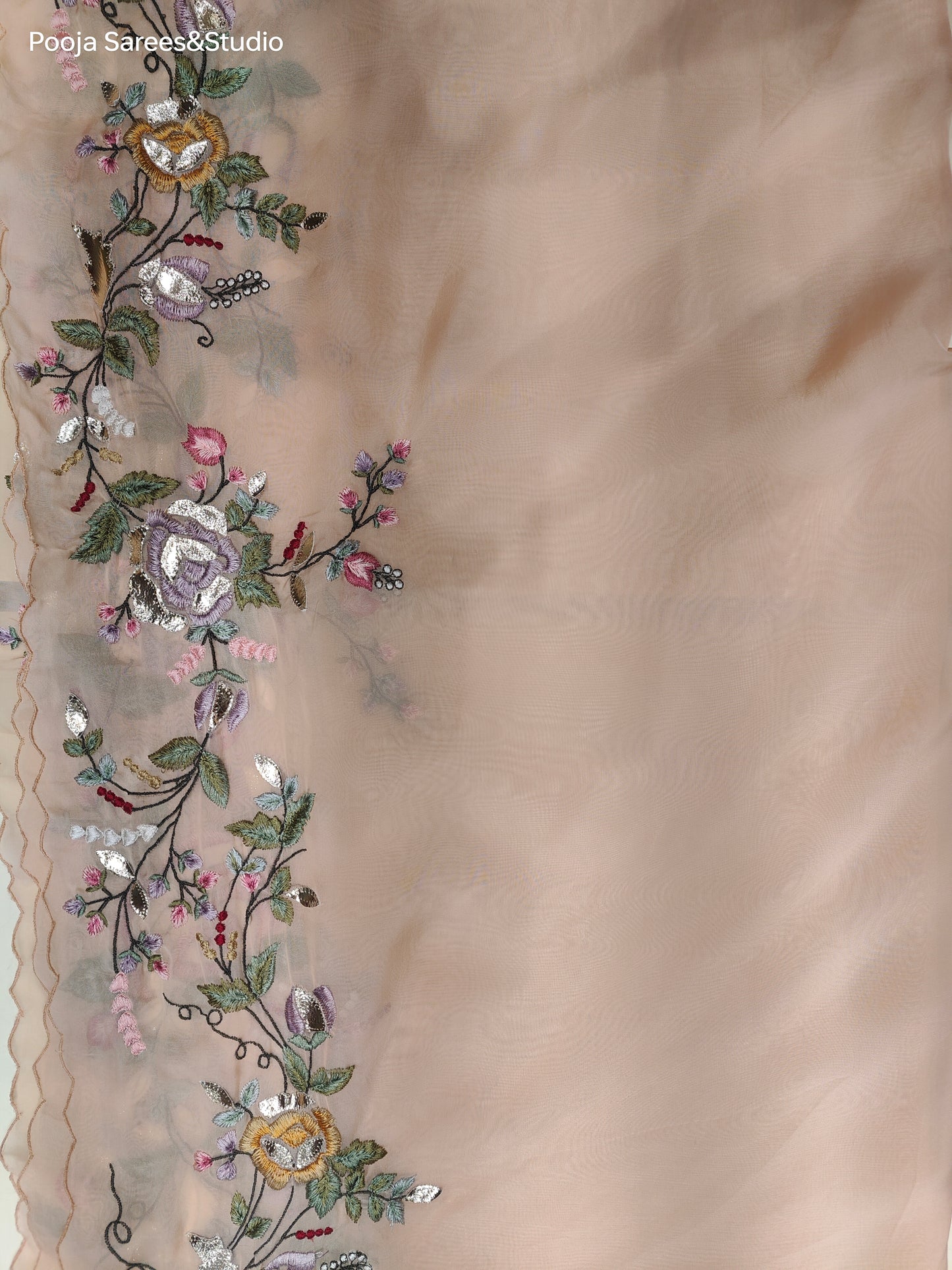 AARSAA Beige Crepe Floral Theme Leather Work Gown With Leather Work Scalloped Dupatta