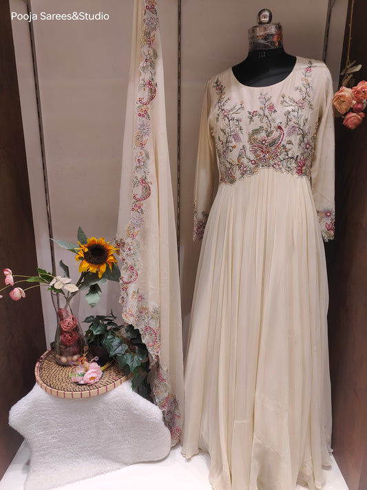 AARSAA White Crepe Katdana Threadwork Gown with Threadwork Scalloped Dupatta