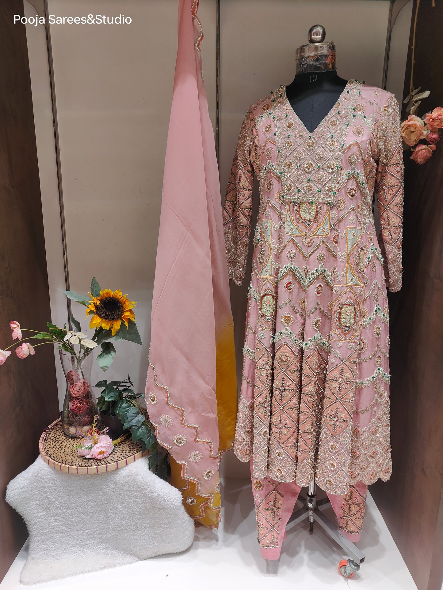 AARSAA Pink Pure Raw Silk Heavy Handworked Moti, Pearls, Sequence, Applique, Zardozi Work Dress with shaded Scalloped dupatta and heavy pant