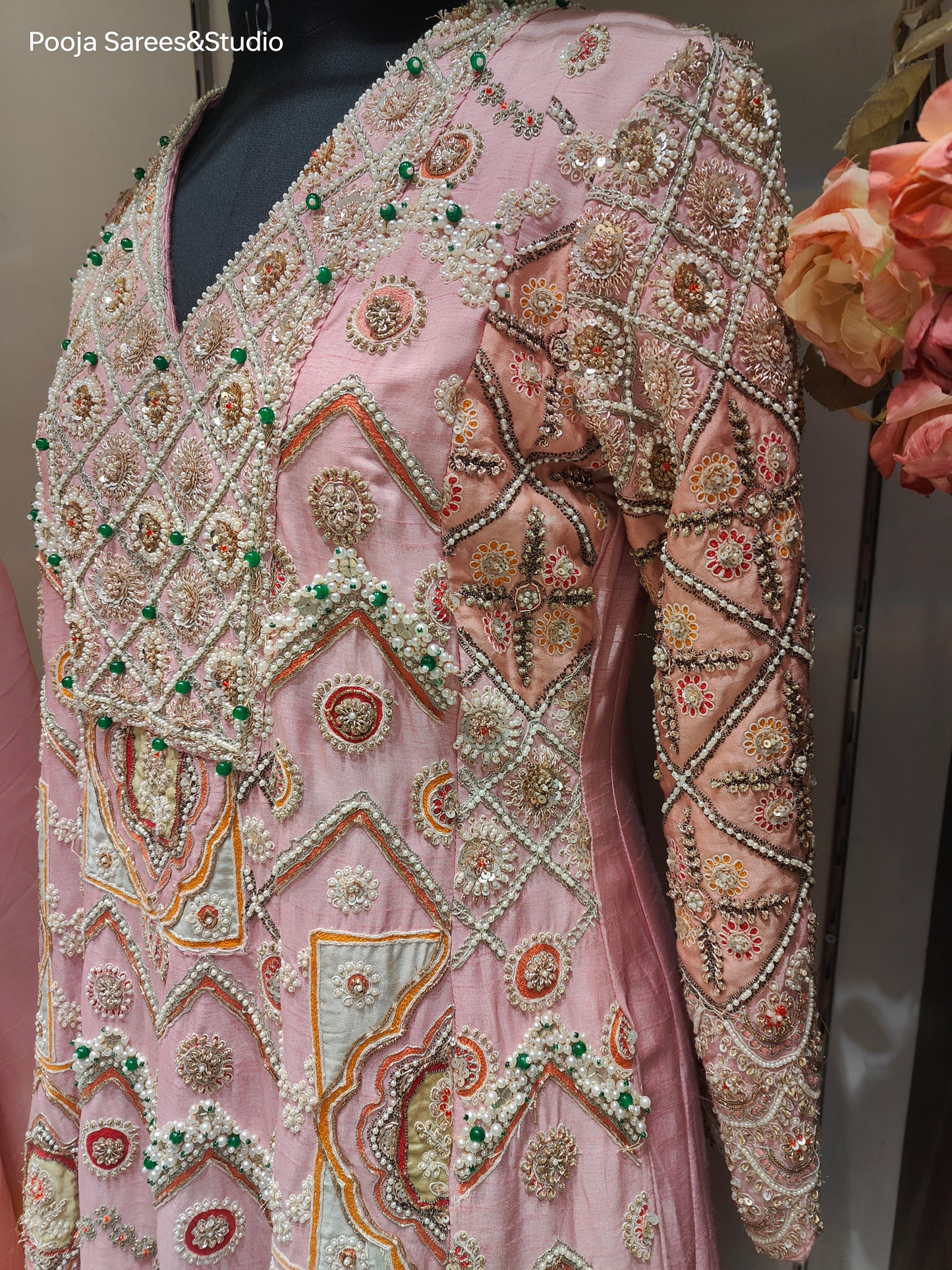 AARSAA Pink Pure Raw Silk Heavy Handworked Moti, Pearls, Sequence, Applique, Zardozi Work Dress with shaded Scalloped dupatta and heavy pant