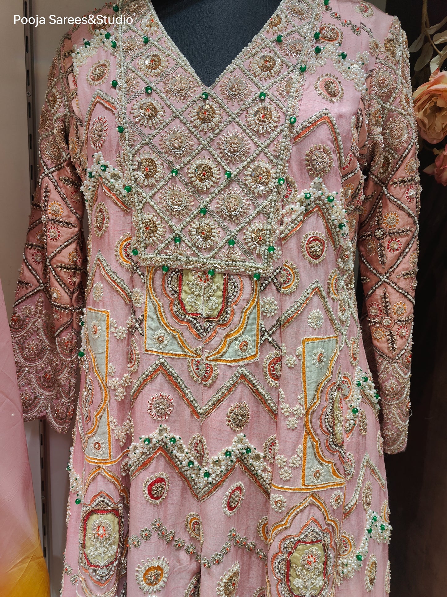 AARSAA Pink Pure Raw Silk Heavy Handworked Moti, Pearls, Sequence, Applique, Zardozi Work Dress with shaded Scalloped dupatta and heavy pant