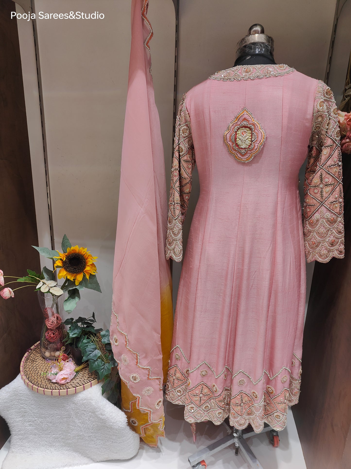 AARSAA Pink Pure Raw Silk Heavy Handworked Moti, Pearls, Sequence, Applique, Zardozi Work Dress with shaded Scalloped dupatta and heavy pant