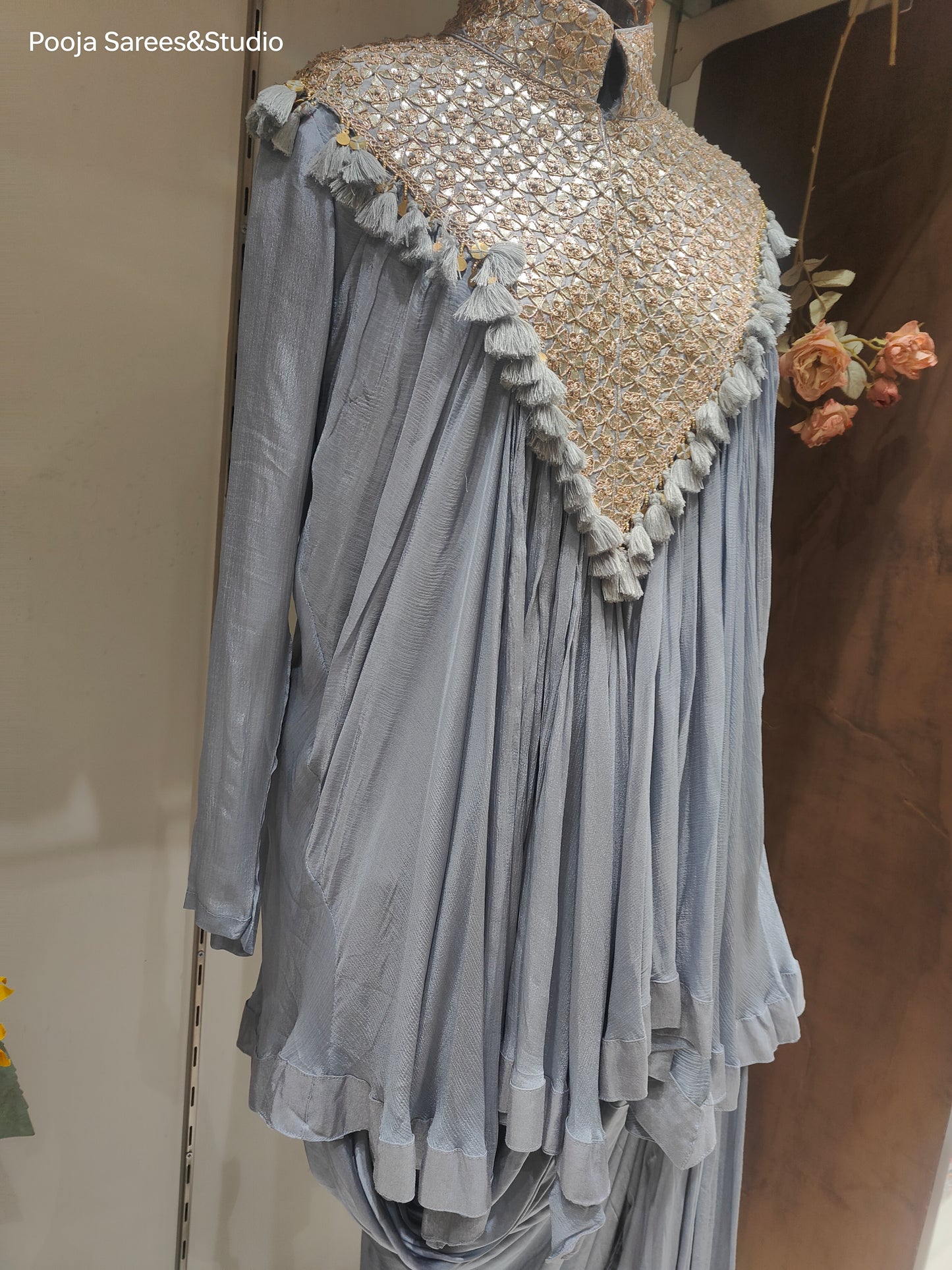 AARSAA Grey Crepe Full Gota work top with Dhoti Style Bottom