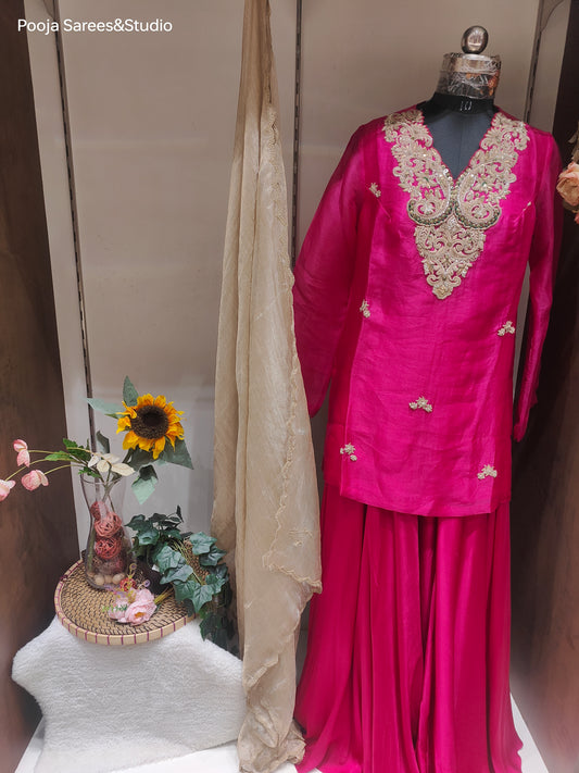 AARSAA Fuschia Tissue Hand Dori work Short Kurta with Pure Satin Flared Pallazo and Tissue Dupatta