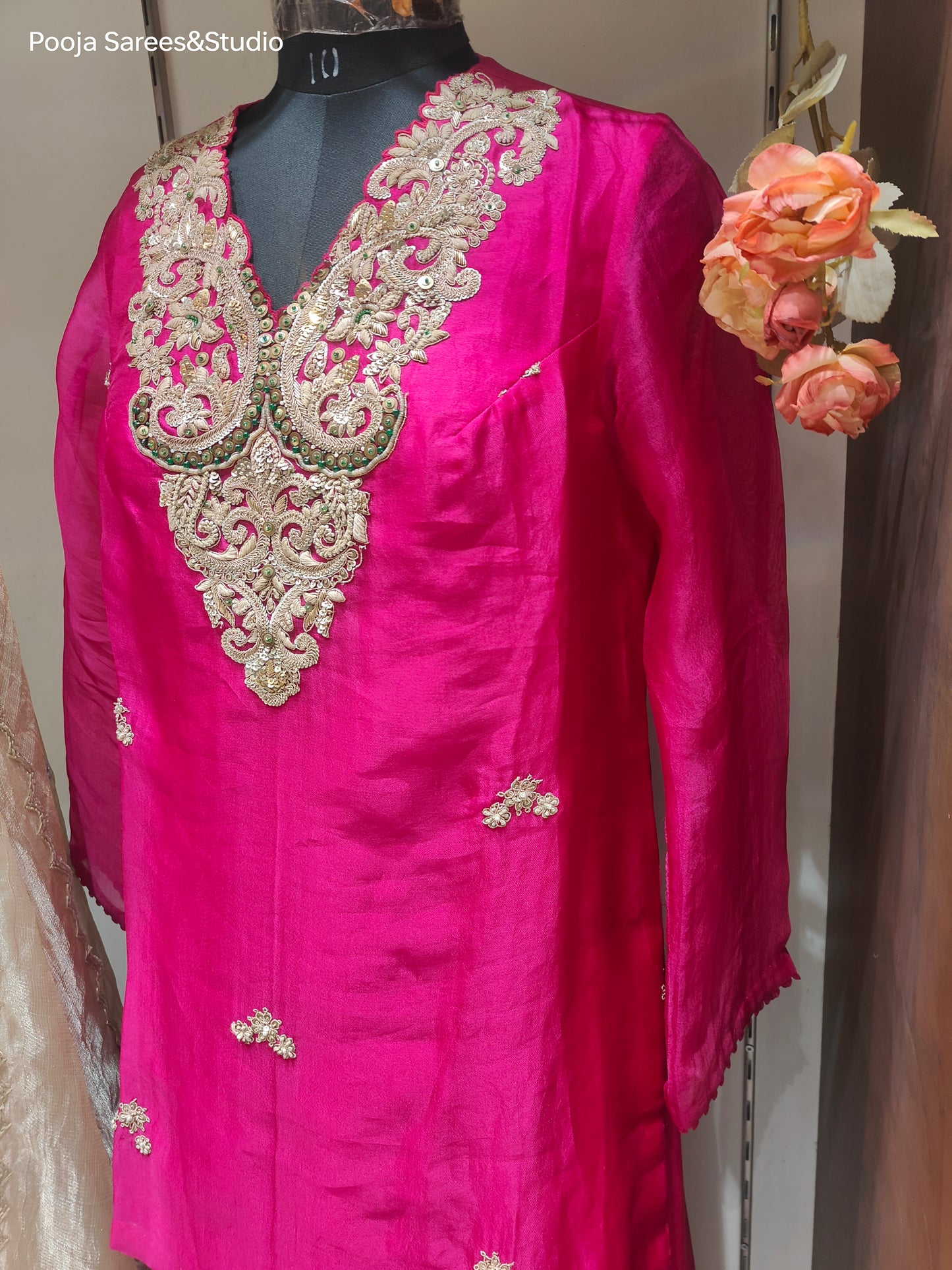 AARSAA Fuschia Tissue Hand Dori work Short Kurta with Pure Satin Flared Pallazo and Tissue Dupatta