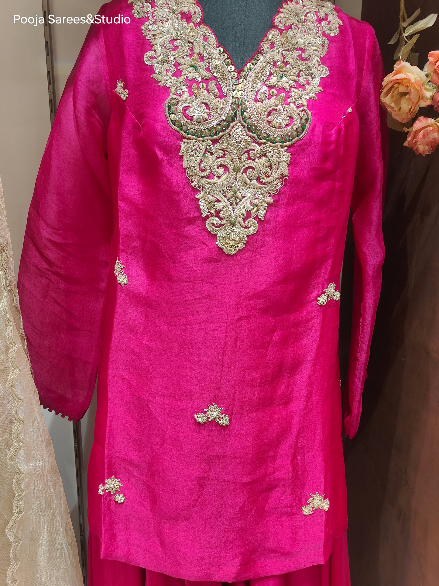 AARSAA Fuschia Tissue Hand Dori work Short Kurta with Pure Satin Flared Pallazo and Tissue Dupatta