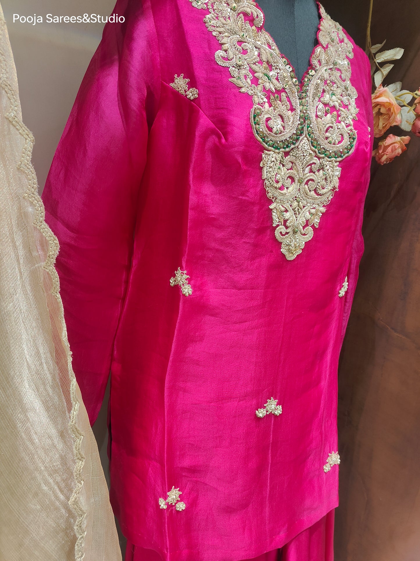 AARSAA Fuschia Tissue Hand Dori work Short Kurta with Pure Satin Flared Pallazo and Tissue Dupatta