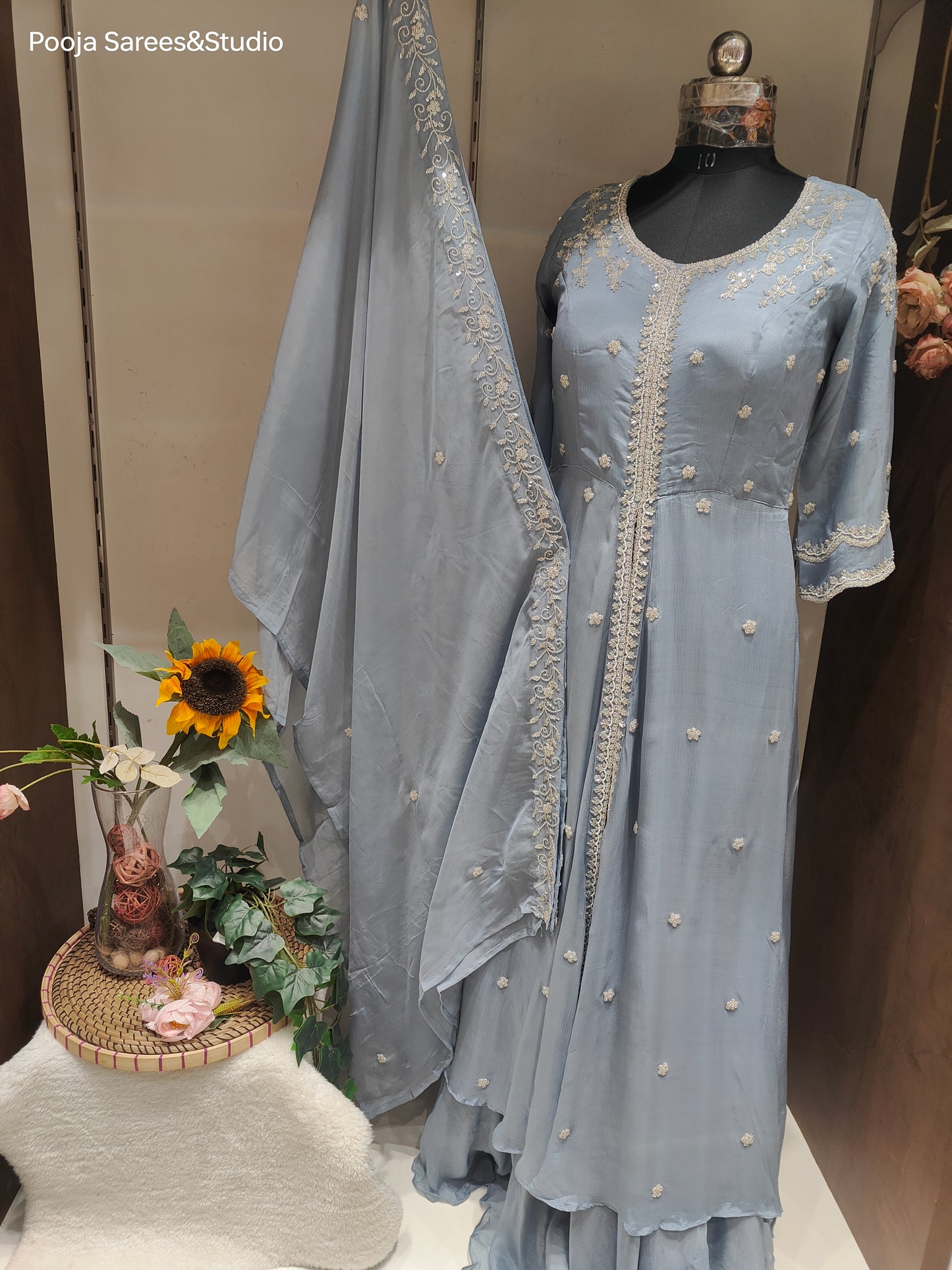 AARSAA Powder Blue Crepe Katdana Moti work front slip long gown with dupatta