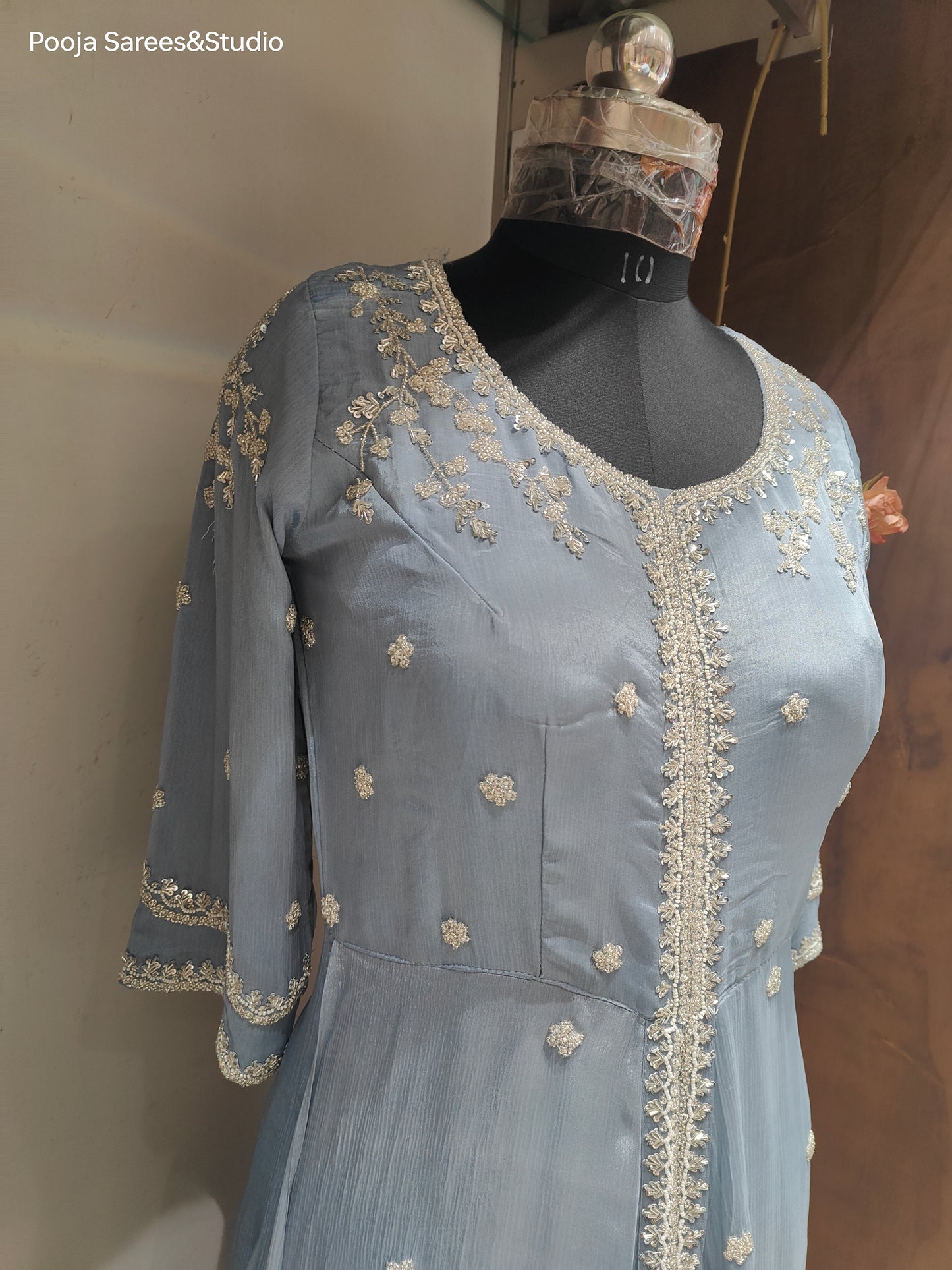 AARSAA Powder Blue Crepe Katdana Moti work front slip long gown with dupatta