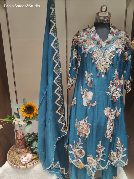 AARSAA Blue Pure Raw Silk Applique, Sequence, Zardozi, Moti and Threadwork Dress with Work Pant and Applique Scalloped Dupatta