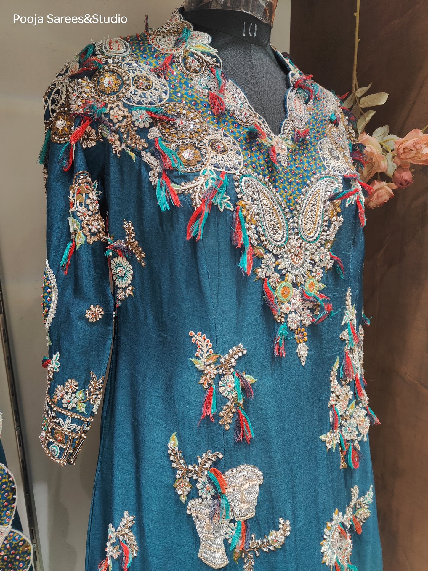 AARSAA Blue Pure Raw Silk Applique, Sequence, Zardozi, Moti and Threadwork Dress with Work Pant and Applique Scalloped Dupatta