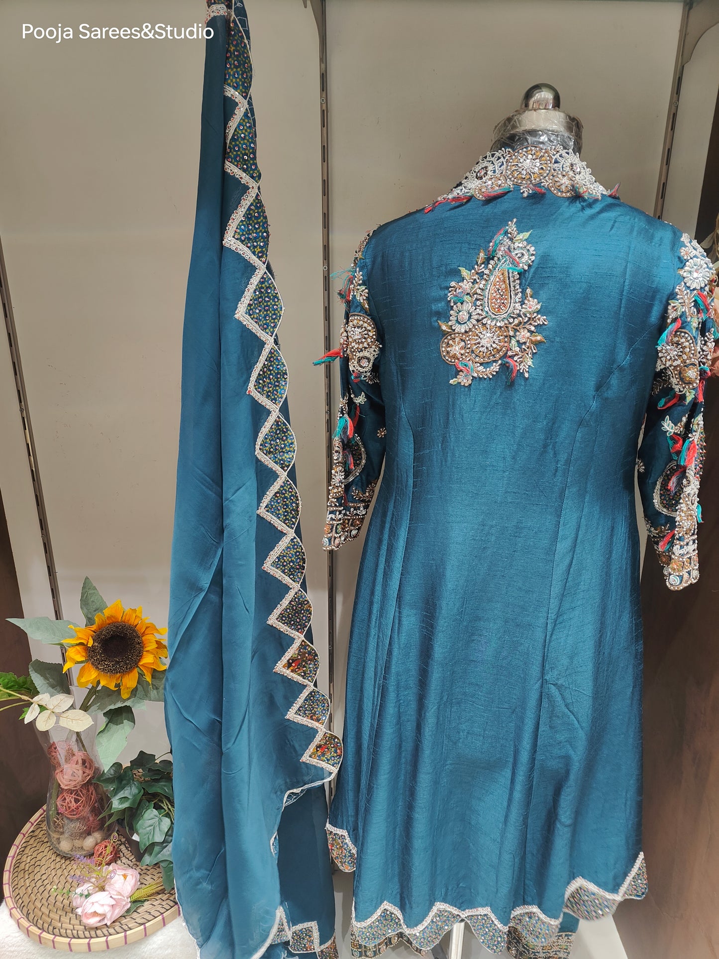 AARSAA Blue Pure Raw Silk Applique, Sequence, Zardozi, Moti and Threadwork Dress with Work Pant and Applique Scalloped Dupatta