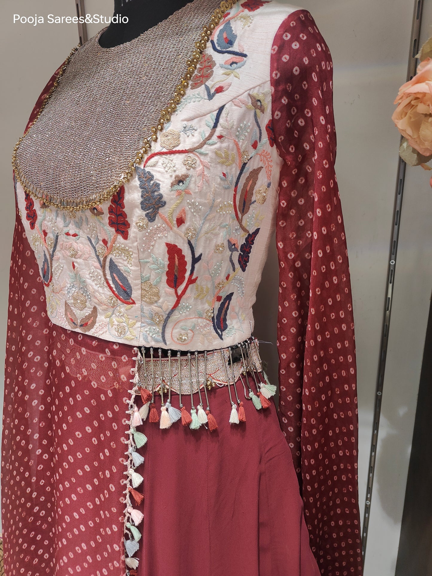 AARSAA Multicolour Raw silk heavy threadwork with bandhani printed side long panel sleeve top with flared Crepe Lehenga