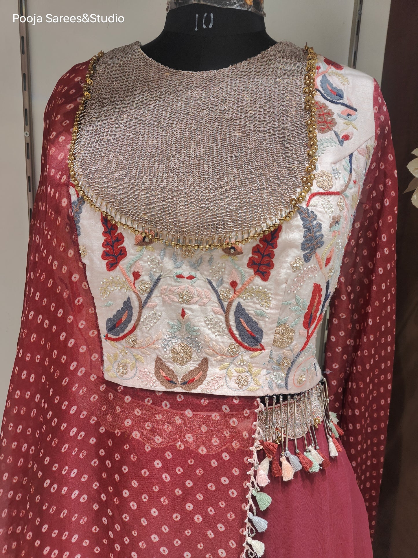 AARSAA Multicolour Raw silk heavy threadwork with bandhani printed side long panel sleeve top with flared Crepe Lehenga