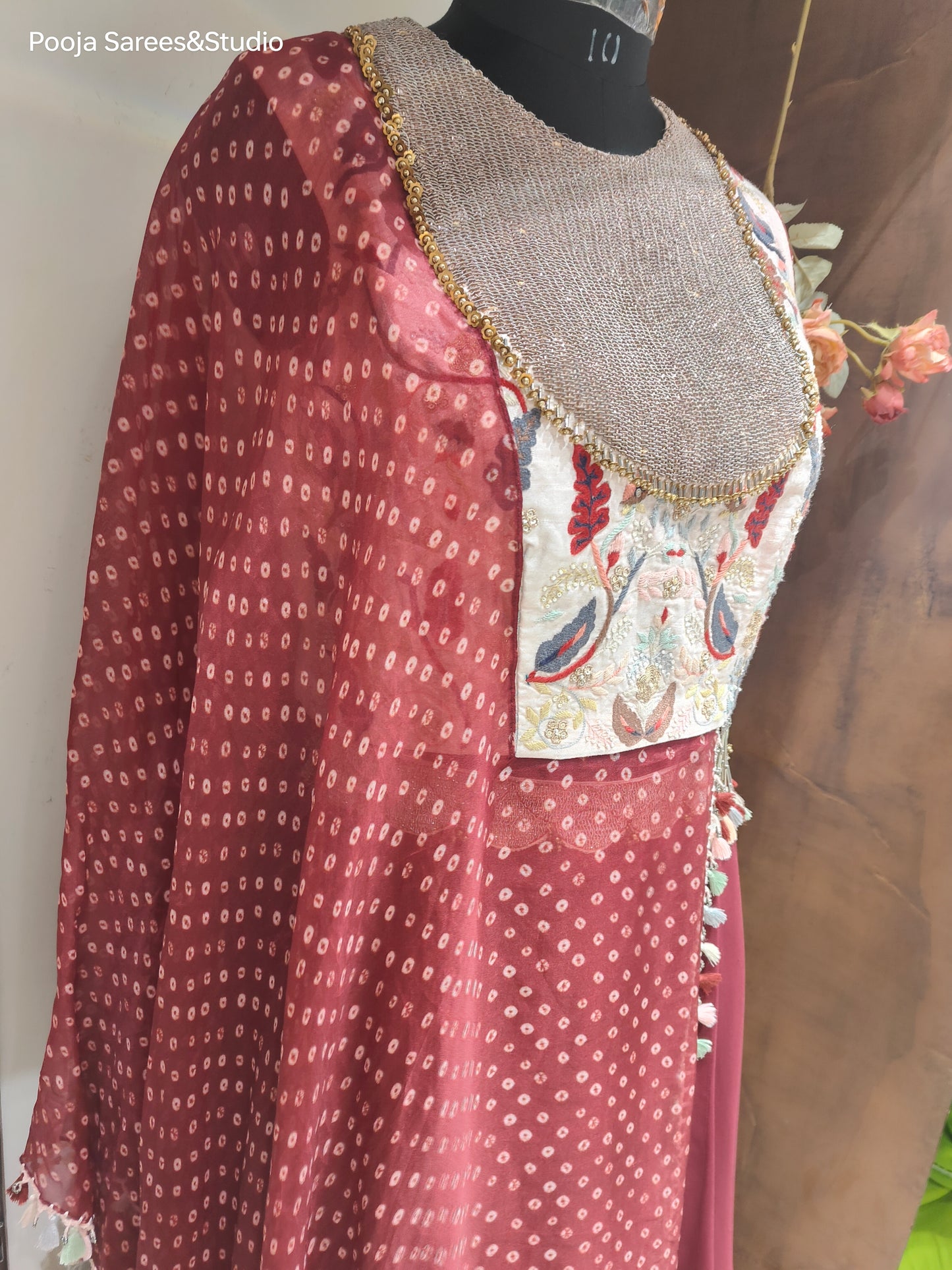 AARSAA Multicolour Raw silk heavy threadwork with bandhani printed side long panel sleeve top with flared Crepe Lehenga