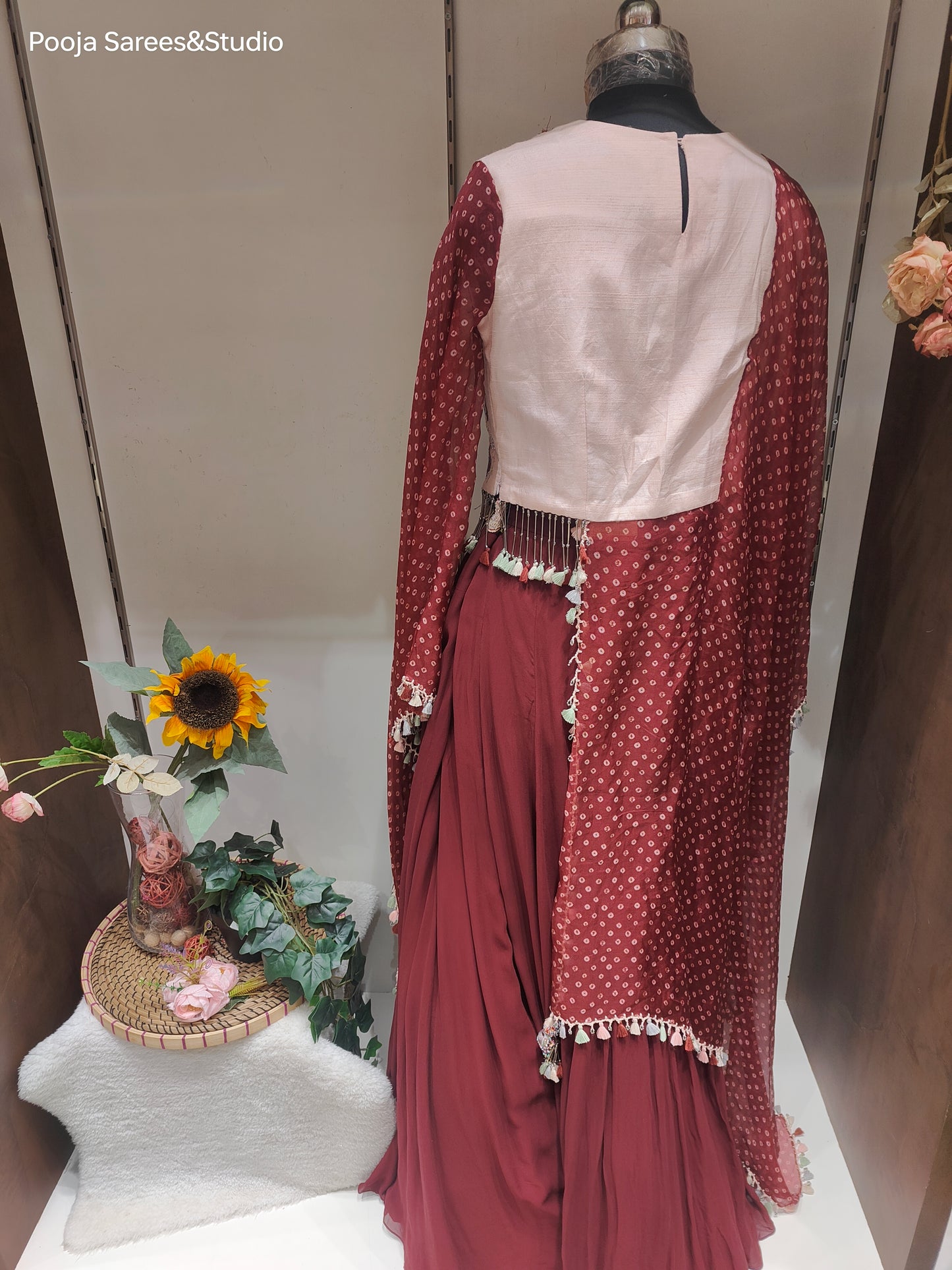 AARSAA Multicolour Raw silk heavy threadwork with bandhani printed side long panel sleeve top with flared Crepe Lehenga