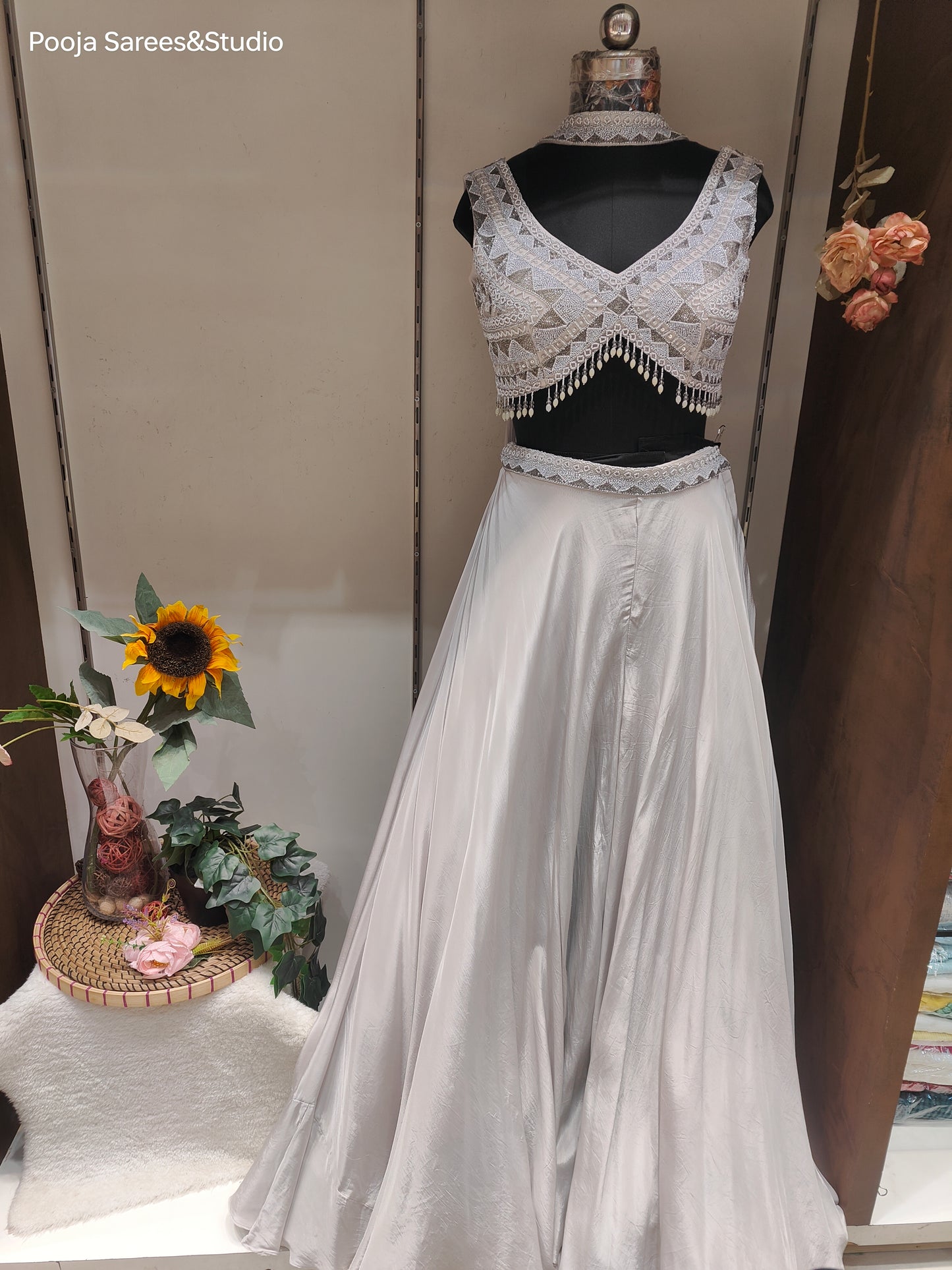 AARSAA Grey Satin Crepe Full Katdana Moti Work Modern Deep Cut Blouse with Lehenga Type Flared Pallazo and Katdana Sequence work Choker Dupatta