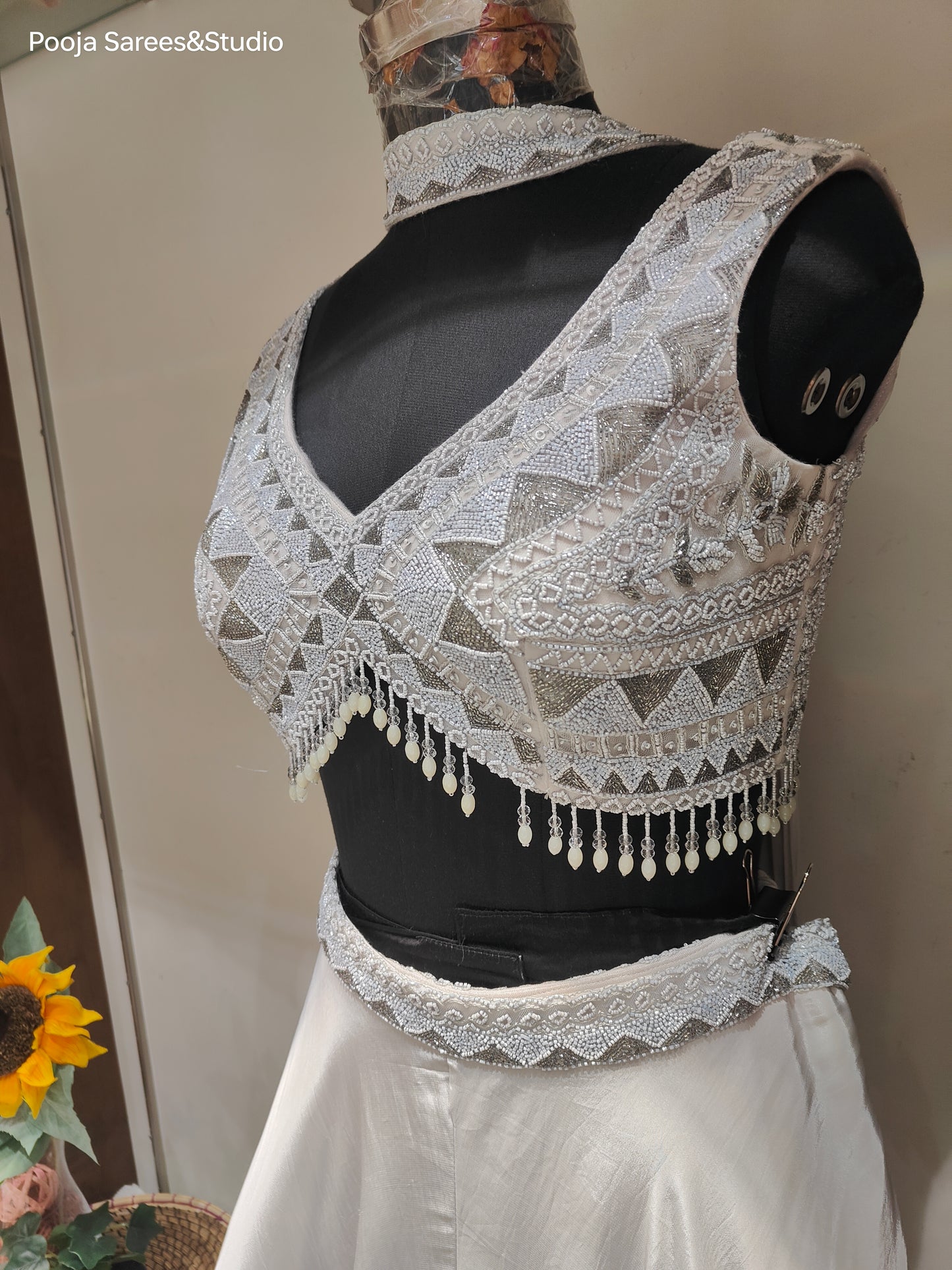 AARSAA Grey Satin Crepe Full Katdana Moti Work Modern Deep Cut Blouse with Lehenga Type Flared Pallazo and Katdana Sequence work Choker Dupatta