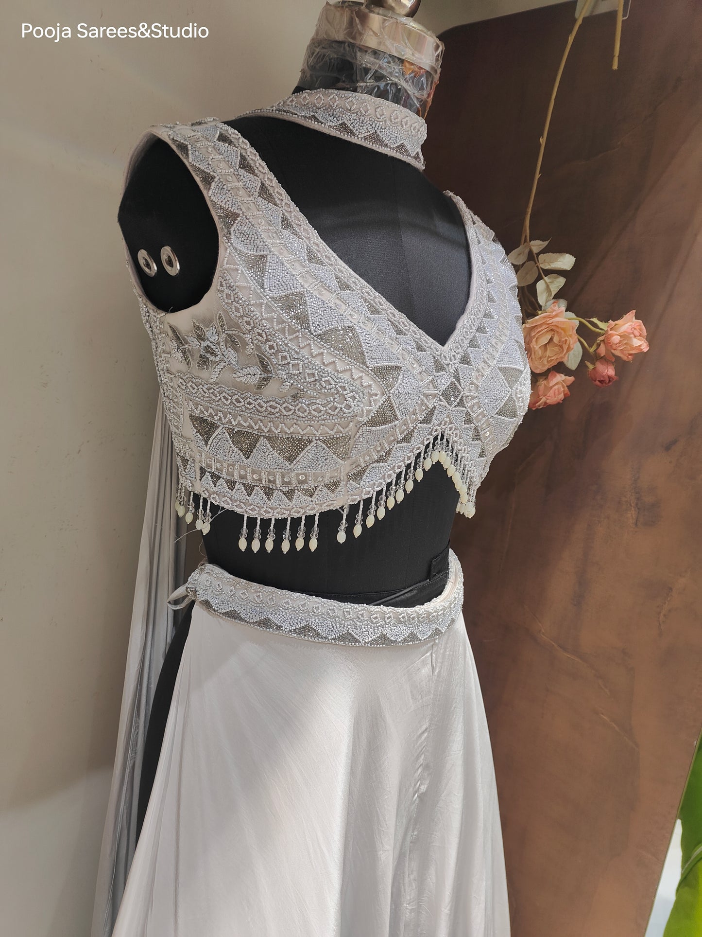 AARSAA Grey Satin Crepe Full Katdana Moti Work Modern Deep Cut Blouse with Lehenga Type Flared Pallazo and Katdana Sequence work Choker Dupatta