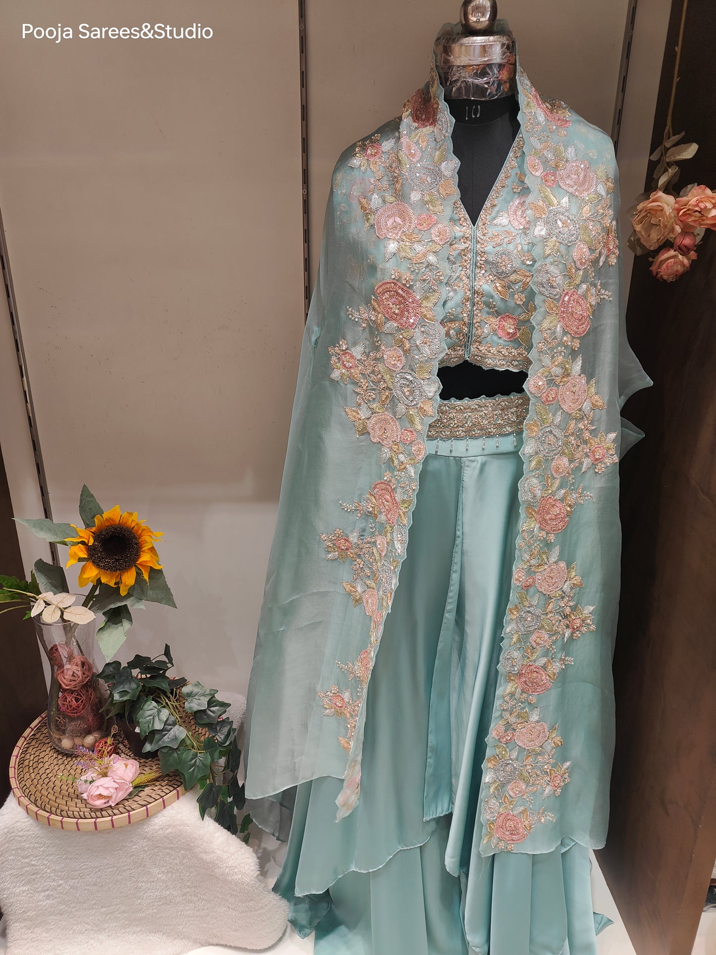 AARSAA Green Pure Organza Multicolour Sequence, Kasab, Thread & Katdana Work Blouse with Pure Organza Jacket with multicolour work setting and satin Crepe double layer Skirt