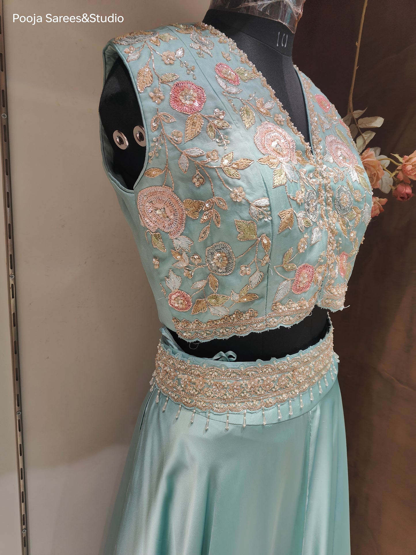 AARSAA Green Pure Organza Multicolour Sequence, Kasab, Thread & Katdana Work Blouse with Pure Organza Jacket with multicolour work setting and satin Crepe double layer Skirt