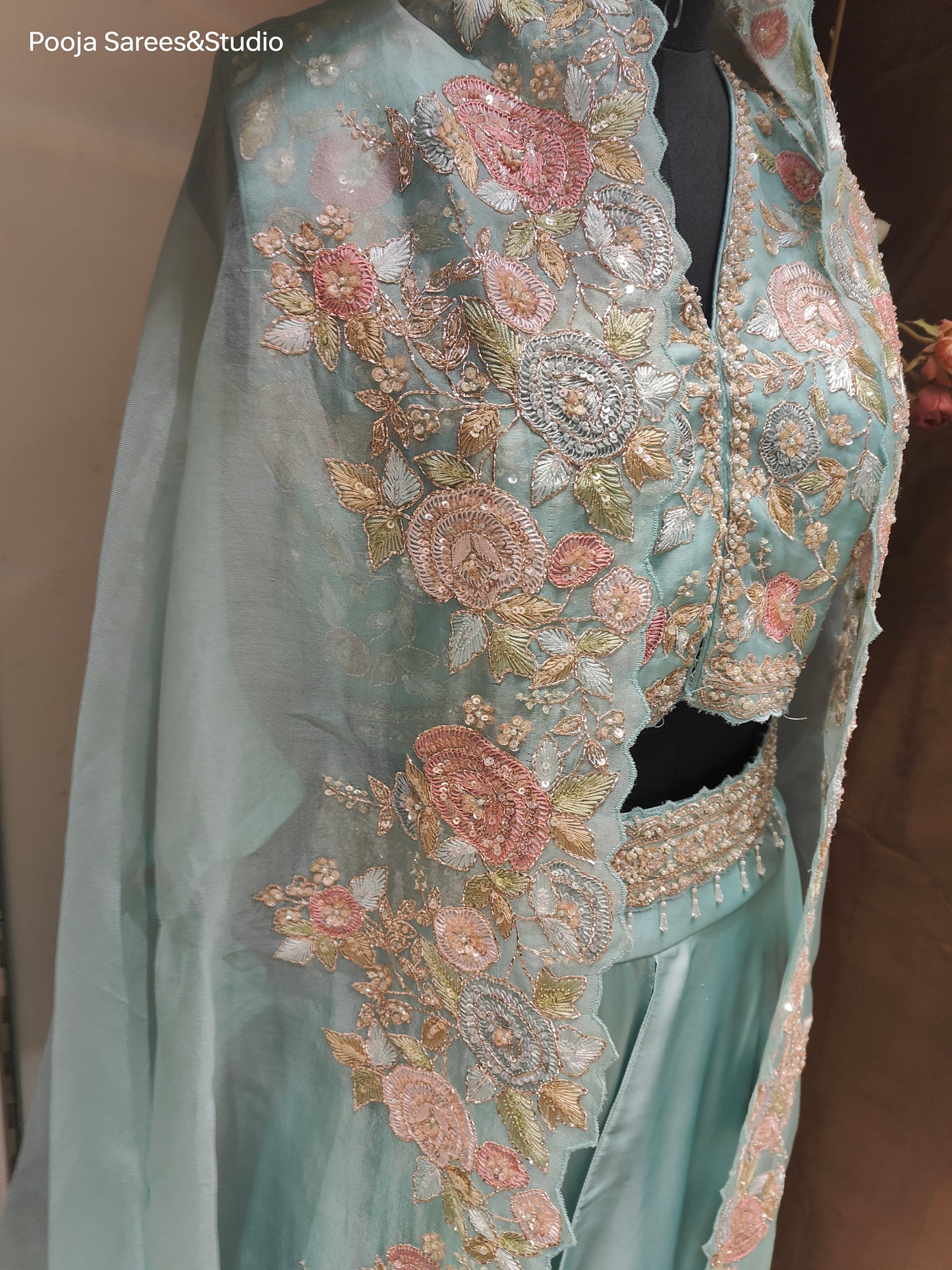 AARSAA Green Pure Organza Multicolour Sequence, Kasab, Thread & Katdana Work Blouse with Pure Organza Jacket with multicolour work setting and satin Crepe double layer Skirt