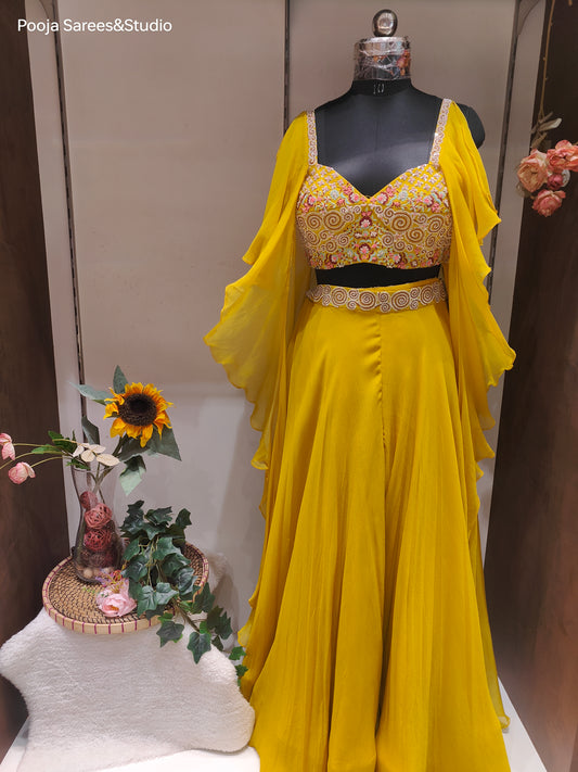 AARSAA Yellow Pure Crepe Stylish sleeve modern deep cut heavy threadwork, Sequence, Zardozi work blouse with Flared Lehenga style Pallazo