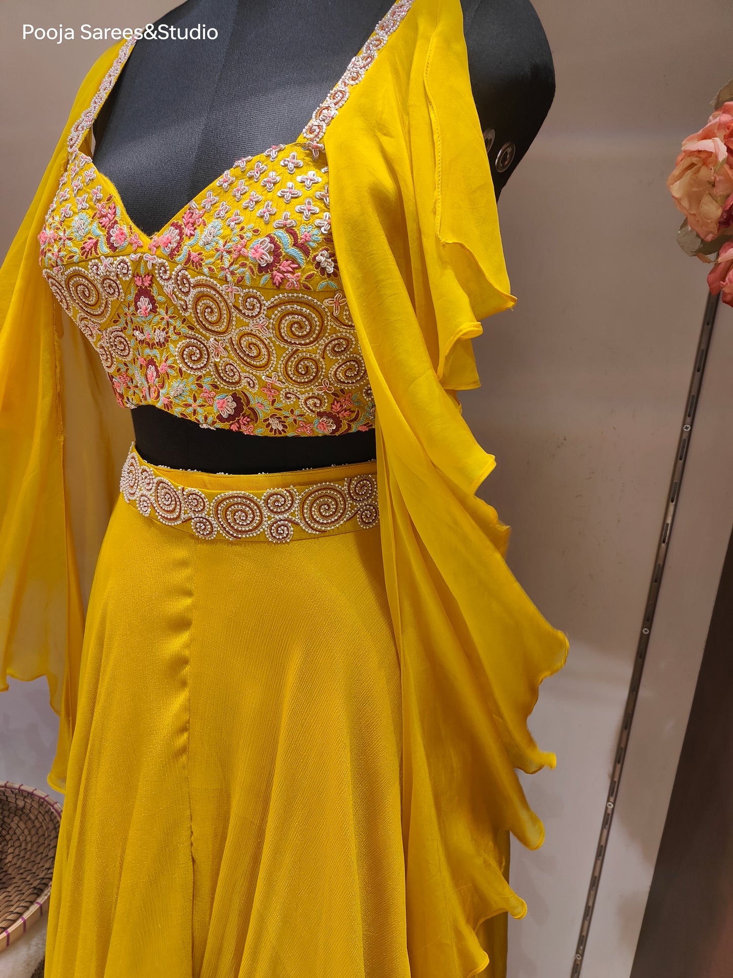 AARSAA Yellow Pure Crepe Stylish sleeve modern deep cut heavy threadwork, Sequence, Zardozi work blouse with Flared Lehenga style Pallazo