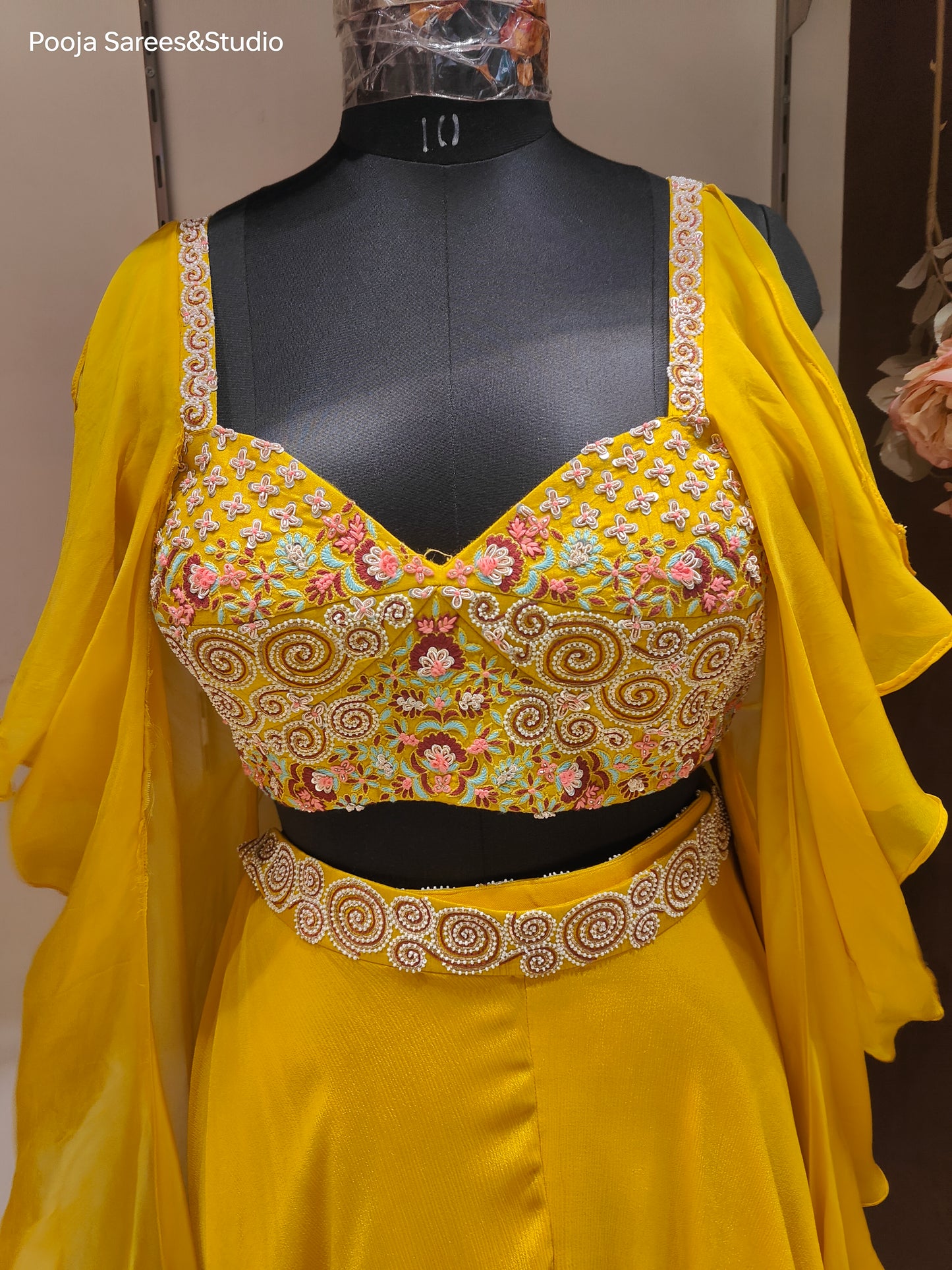 AARSAA Yellow Pure Crepe Stylish sleeve modern deep cut heavy threadwork, Sequence, Zardozi work blouse with Flared Lehenga style Pallazo