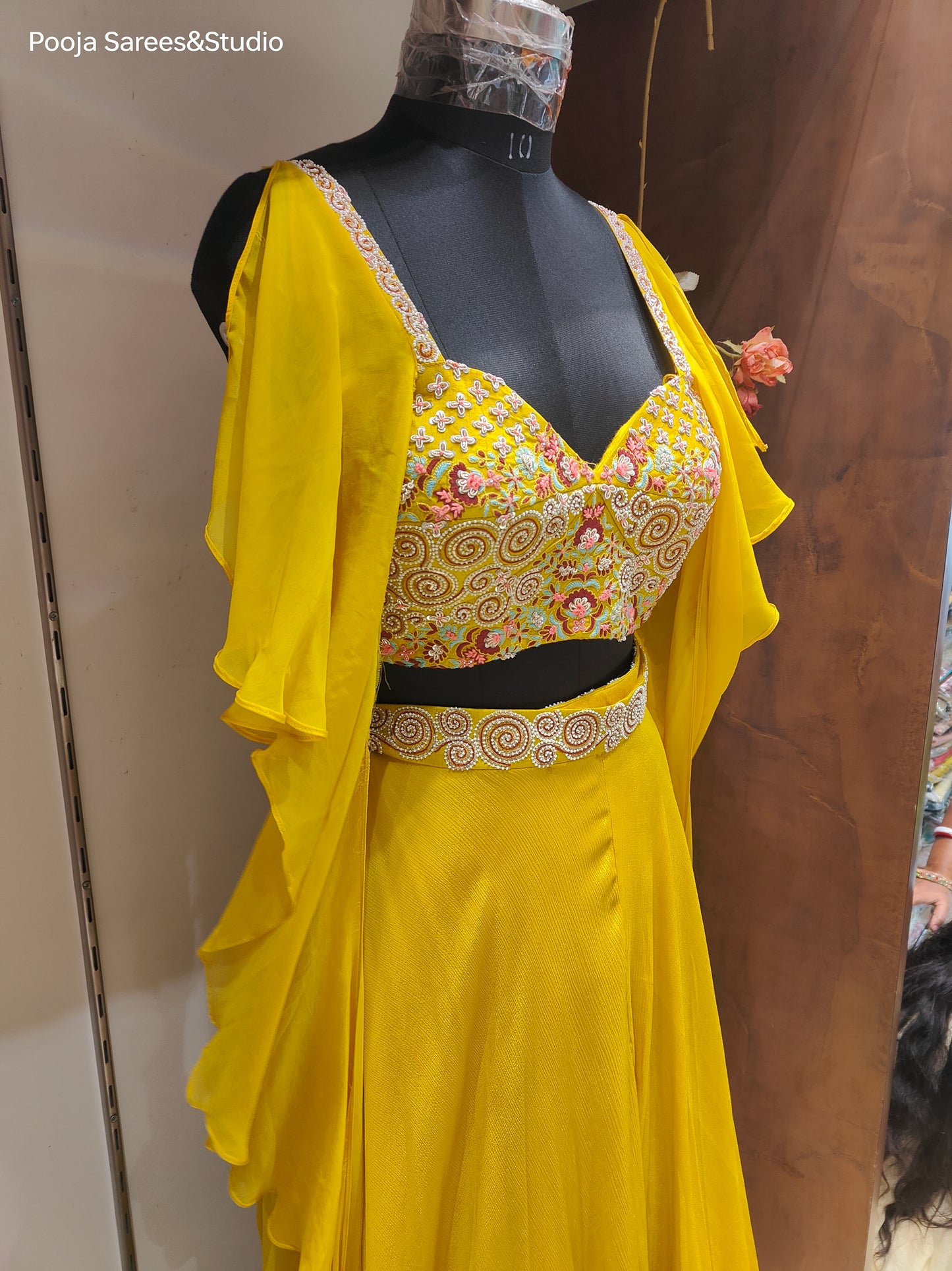 AARSAA Yellow Pure Crepe Stylish sleeve modern deep cut heavy threadwork, Sequence, Zardozi work blouse with Flared Lehenga style Pallazo