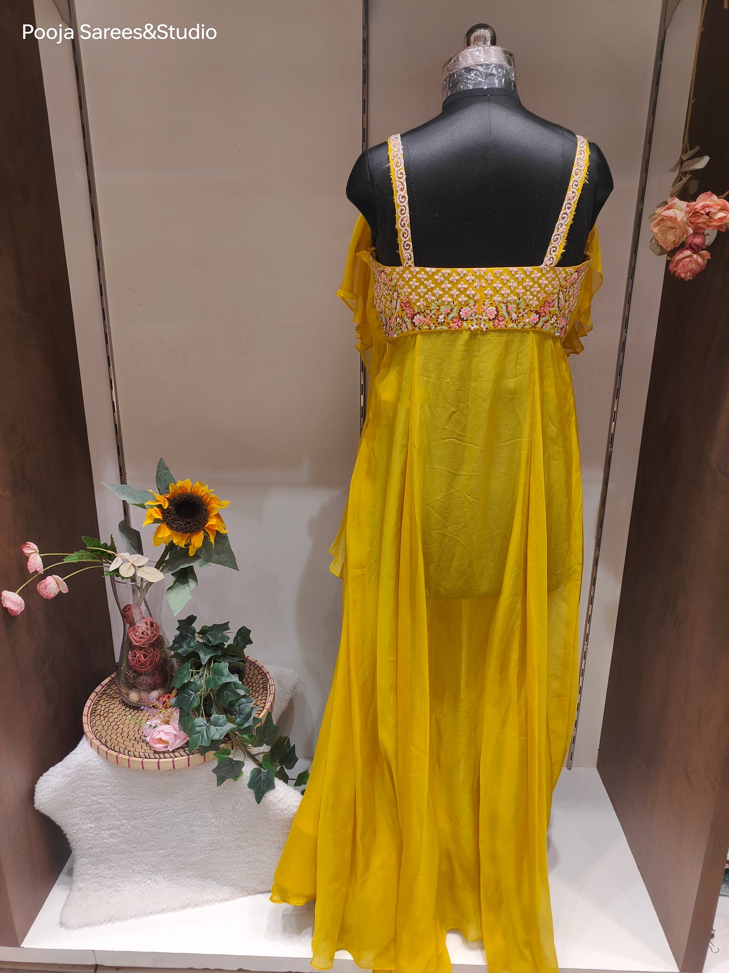 AARSAA Yellow Pure Crepe Stylish sleeve modern deep cut heavy threadwork, Sequence, Zardozi work blouse with Flared Lehenga style Pallazo