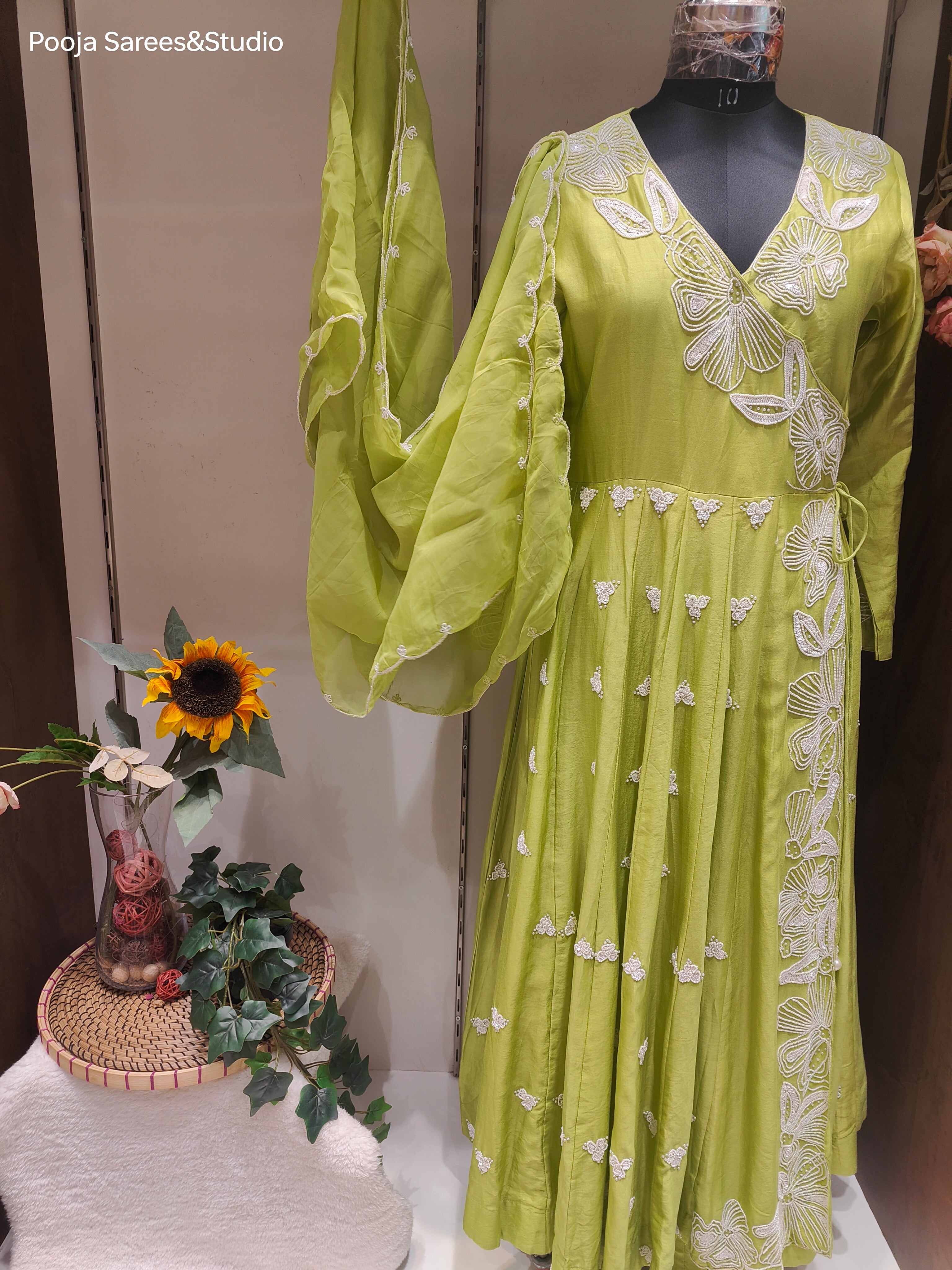 AARSAA Green Raw Silk Floral themes Moti work Angrakha gown with Organza Katdana Scalloped Dupatta Pista Green L Raw Silk