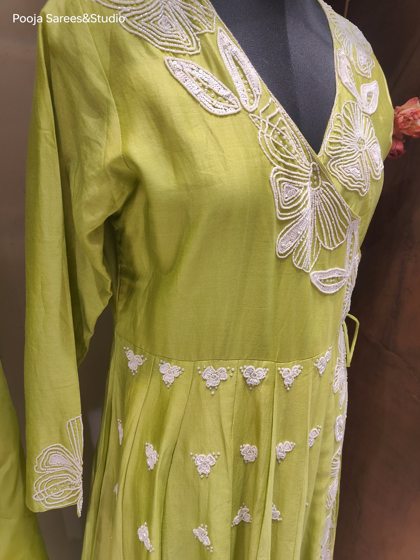 AARSAA Green Raw Silk Floral themes Moti work Angrakha gown with Organza Katdana Scalloped Dupatta