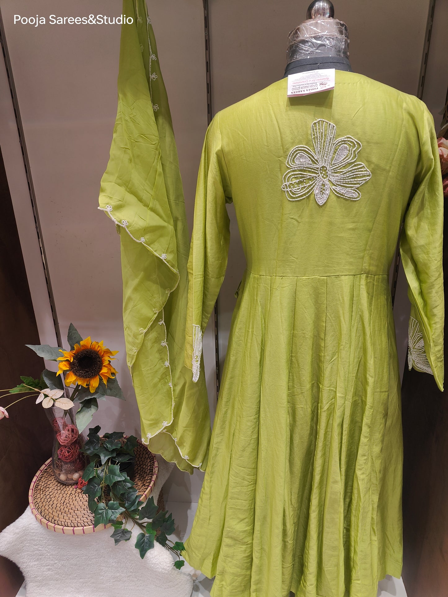 AARSAA Green Raw Silk Floral themes Moti work Angrakha gown with Organza Katdana Scalloped Dupatta