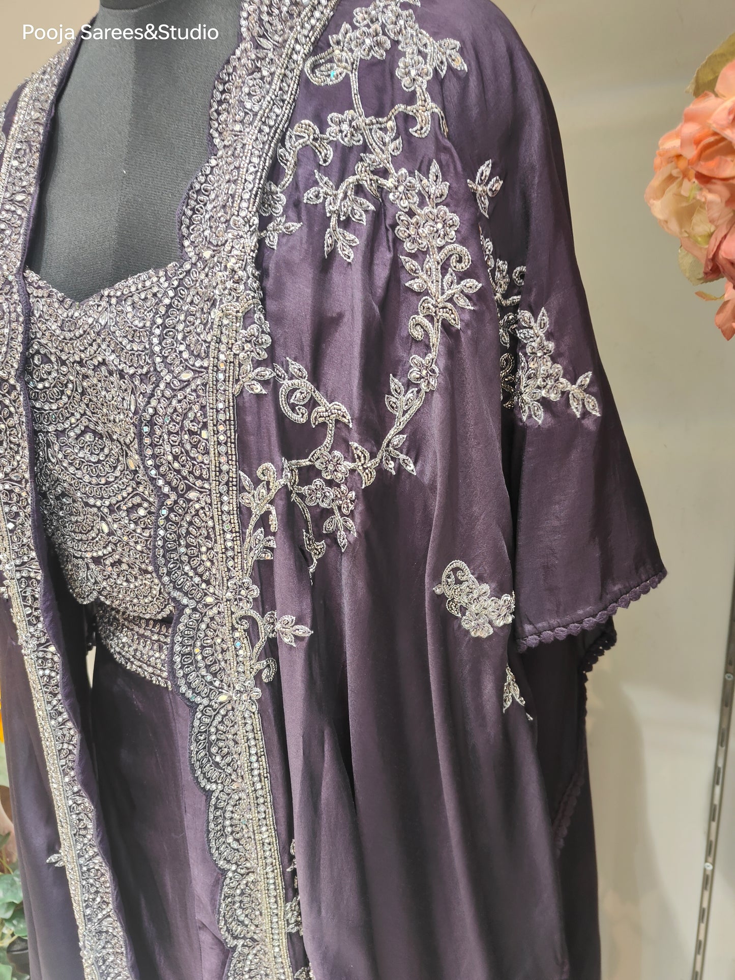 AARSAA Wine Raw Silk Mirror and sequence work blouse with Katdana work long jacket and Flared Pallazo