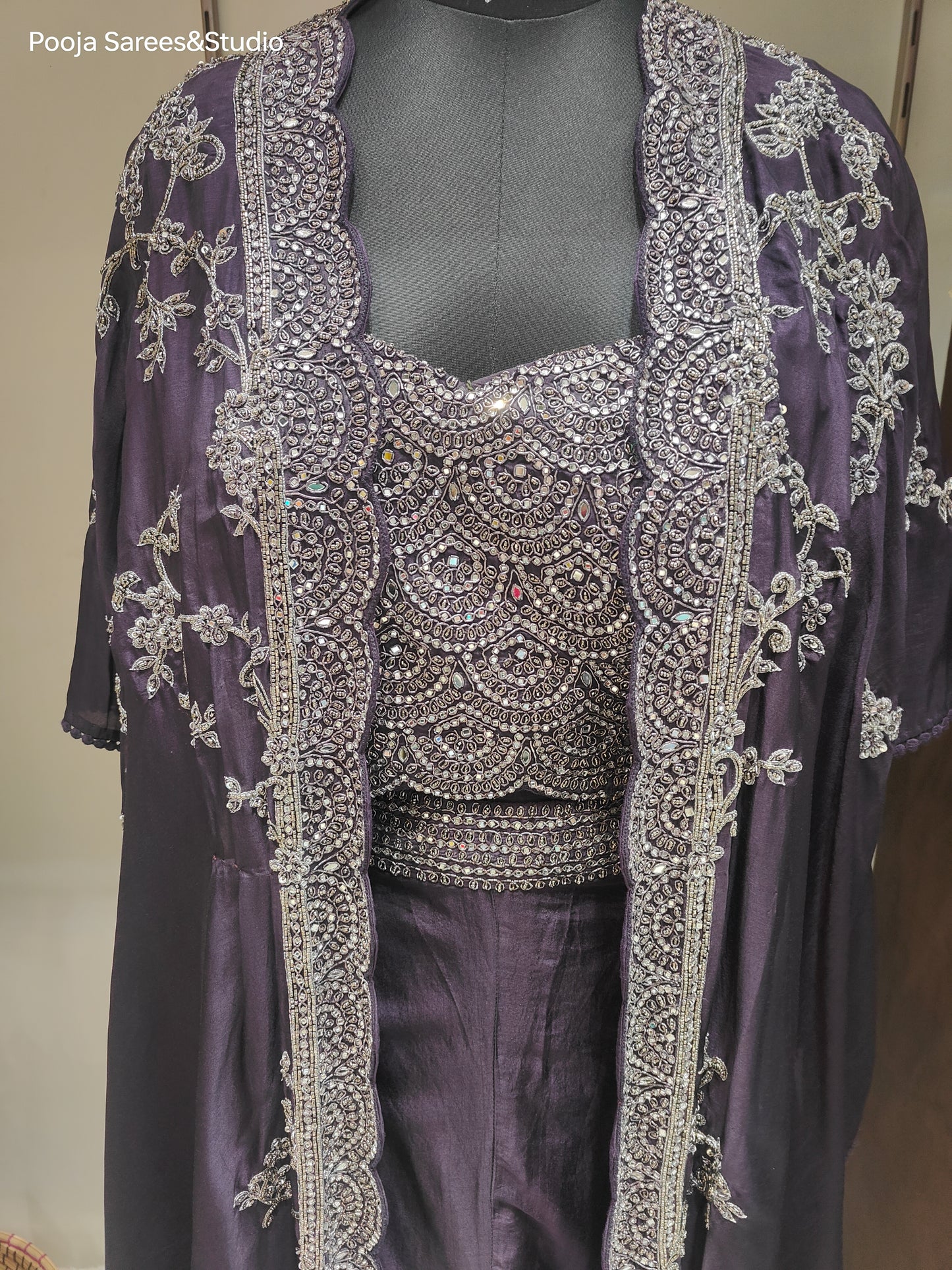 AARSAA Wine Raw Silk Mirror and sequence work blouse with Katdana work long jacket and Flared Pallazo